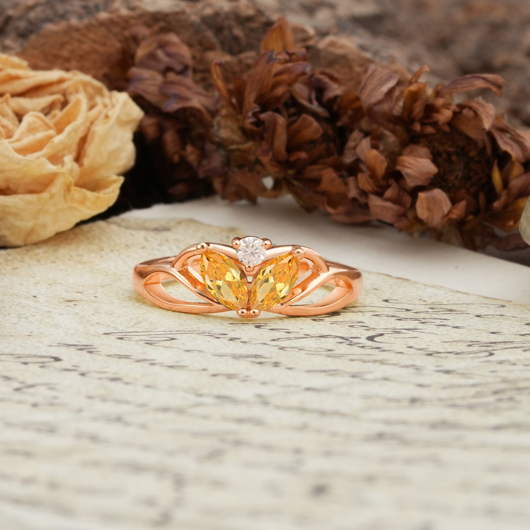 Unique, Luxurious Crown-Style 2-Prong Marquise Cut Citrine Three Stones Wedding Ring - Additional view