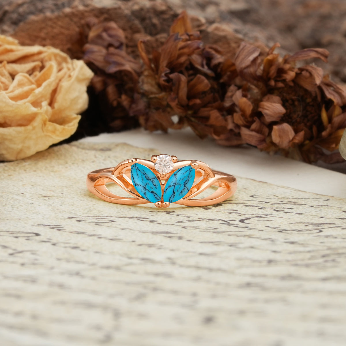 Unique, Luxurious Crown-Style 2-Prong Marquise Cut Turquoise Three Stones Wedding Ring - Additional view