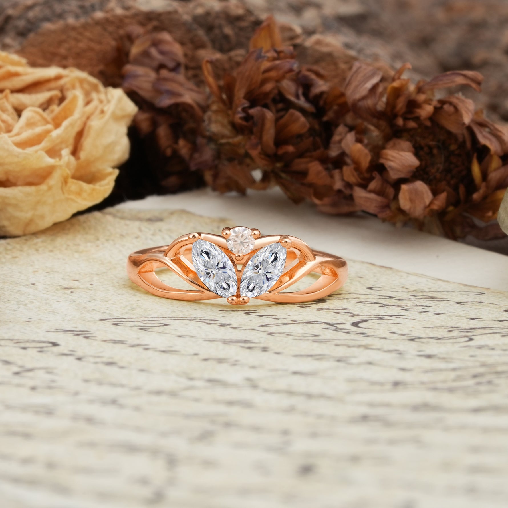 Unique, Luxurious Crown-Style 2-Prong Marquise Cut Lab Diamond Three Stones Wedding Ring - Additional view