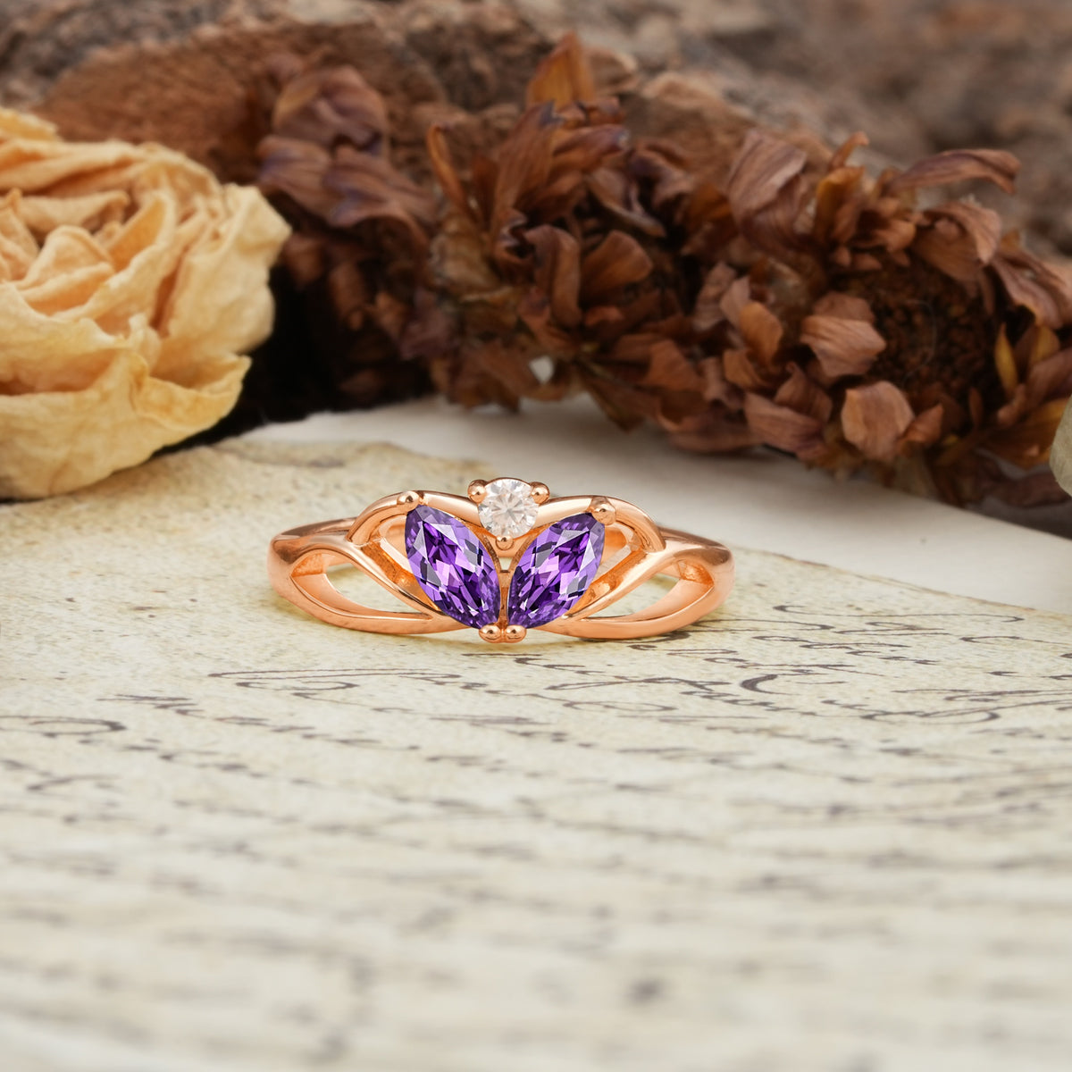 Unique, Luxurious Crown-Style 2-Prong Marquise Cut Amethyst Three Stones Wedding Ring - Additional view