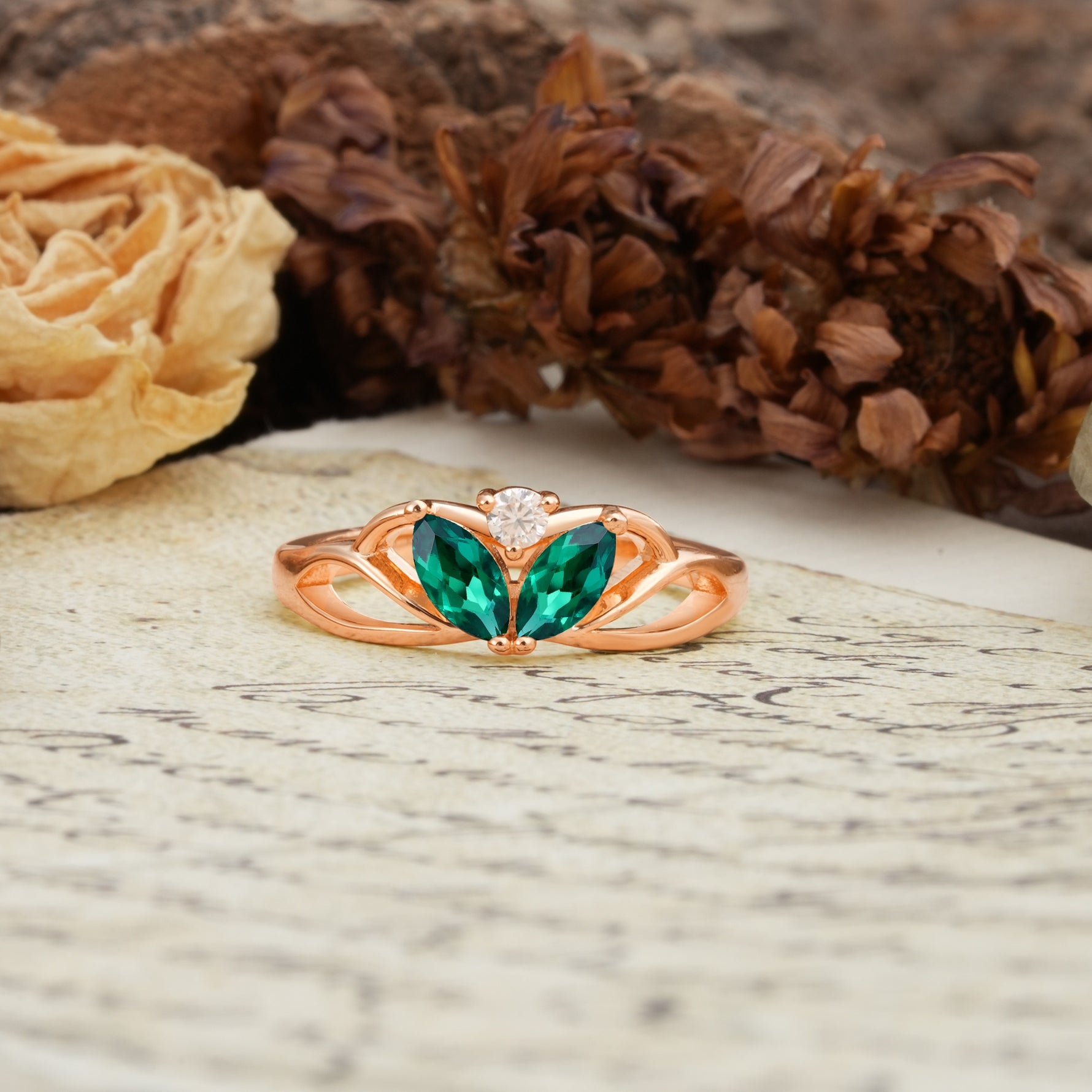 Unique, Luxurious Crown-Style 2-Prong Marquise Cut Emerald Three Stones Wedding Ring - Additional view