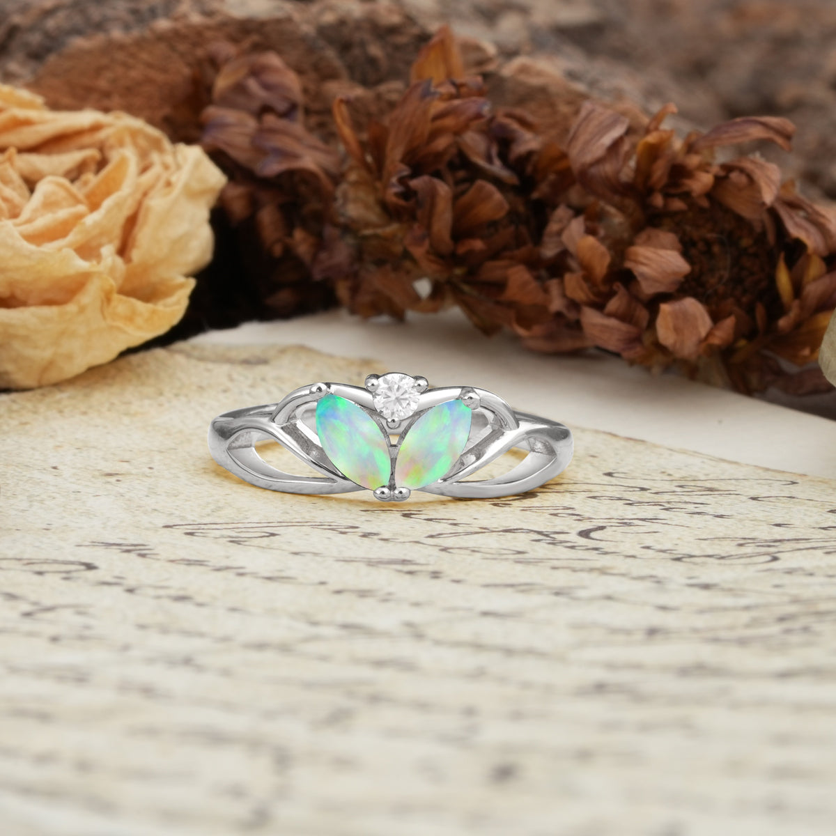 Unique, Luxurious Crown-Style 2-Prong Marquise Cut Fire Opal Three Stones Wedding Ring - Additional view