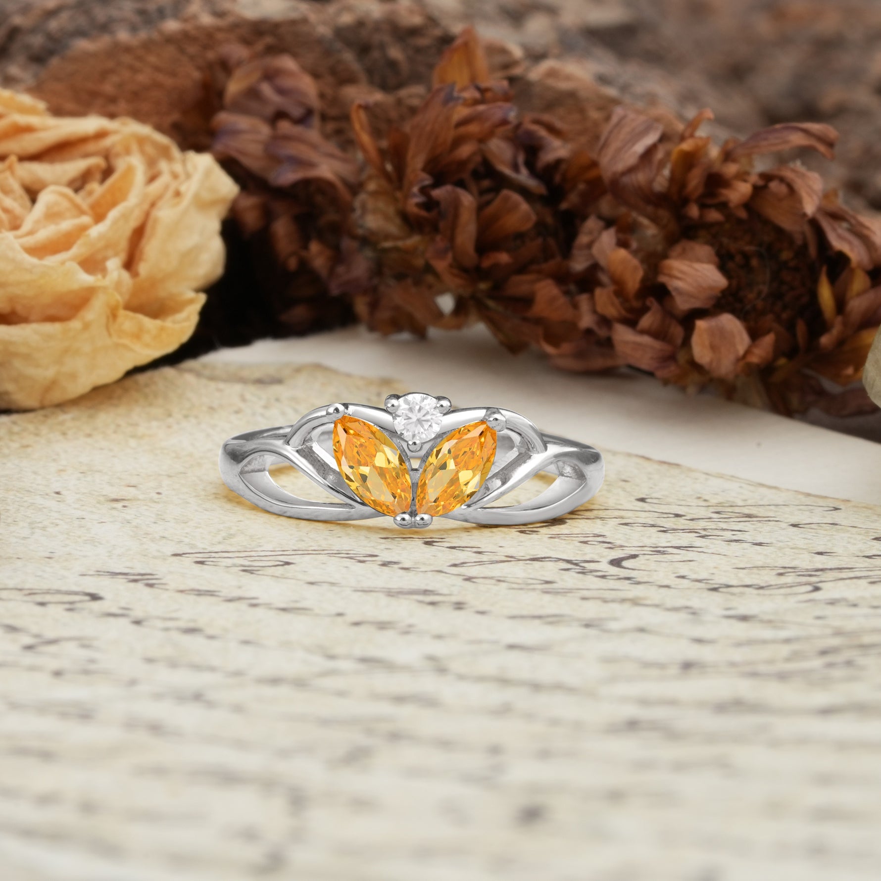 Unique, Luxurious Crown-Style 2-Prong Marquise Cut Citrine Three Stones Wedding Ring - Additional view