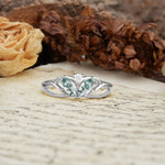 Unique, Luxurious Crown-Style 2-Prong Marquise Cut Moss Agate Three Stones Wedding Ring - Additional view