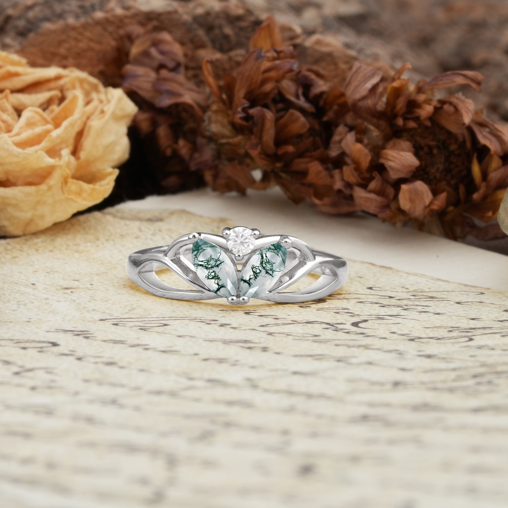 Unique, Luxurious Crown-Style 2-Prong Marquise Cut Moss Agate Three Stones Wedding Ring - Additional view