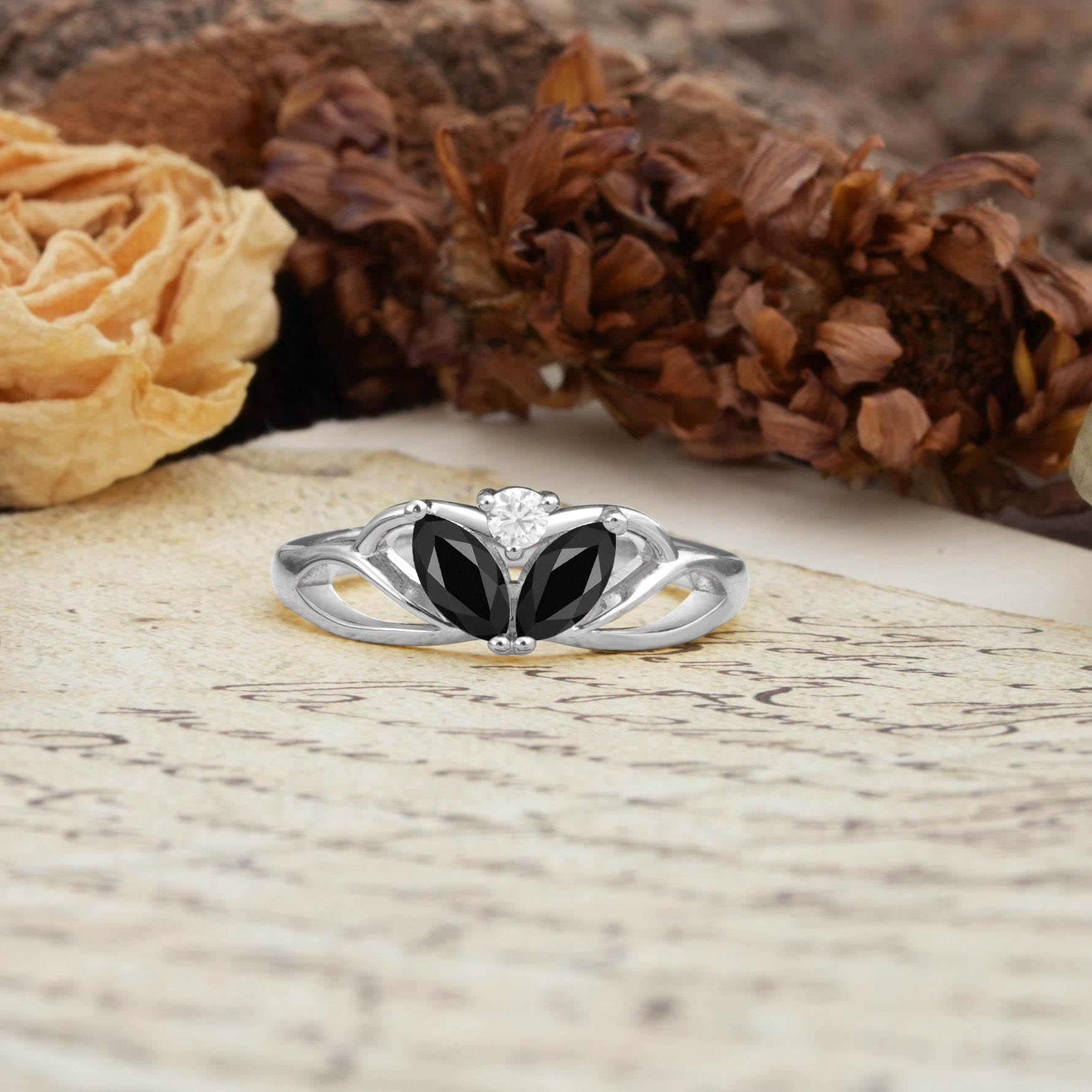 Unique, Luxurious Crown-Style 2-Prong Marquise Cut Black Onyx Three Stones Wedding Ring - Additional view