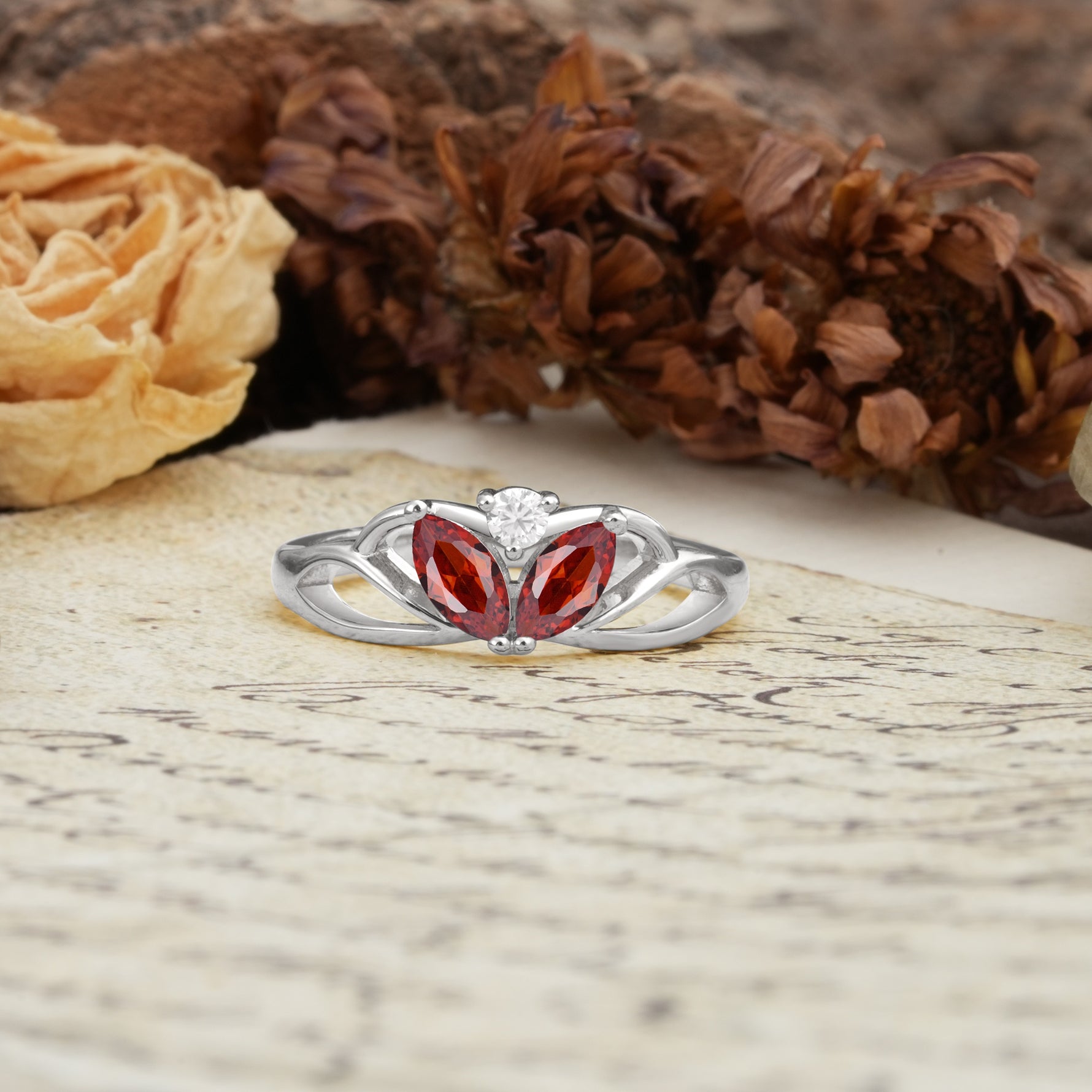 Unique, Luxurious Crown-Style 2-Prong Marquise Cut Garnet Three Stones Wedding Ring - Additional view