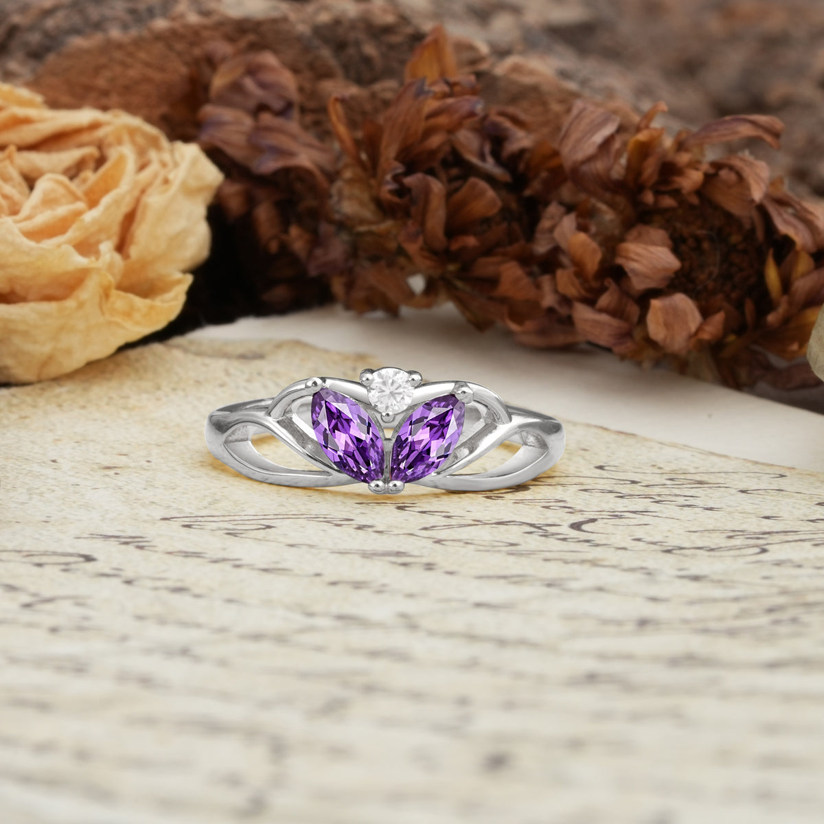 Unique, Luxurious Crown-Style 2-Prong Marquise Cut Amethyst Three Stones Wedding Ring - Additional view