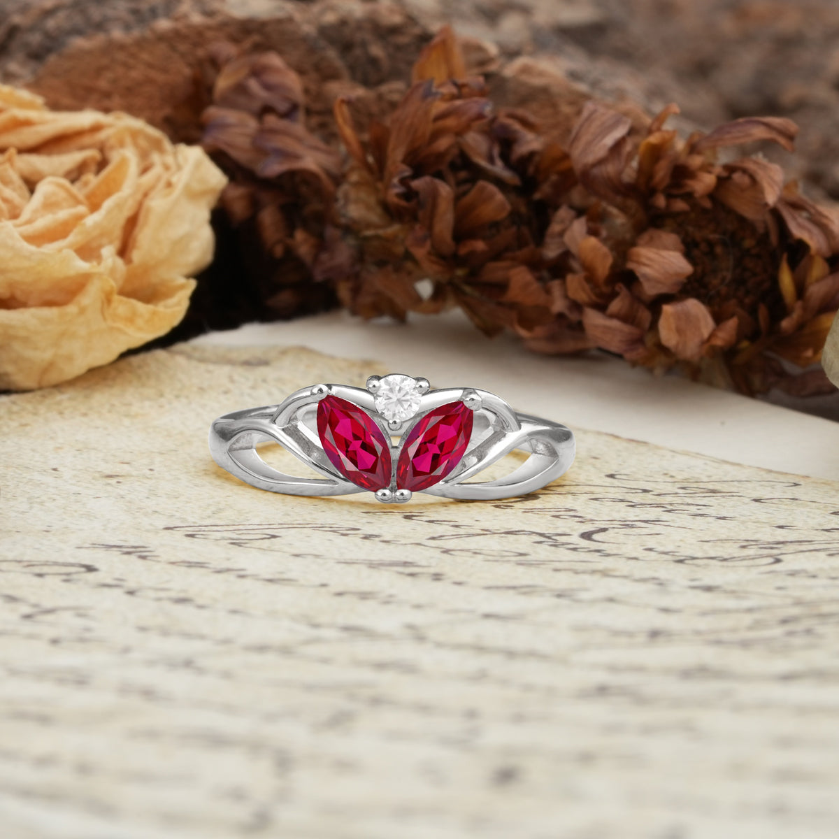 Unique, Luxurious Crown-Style 2-Prong Marquise Cut Ruby Three Stones Wedding Ring - Additional view