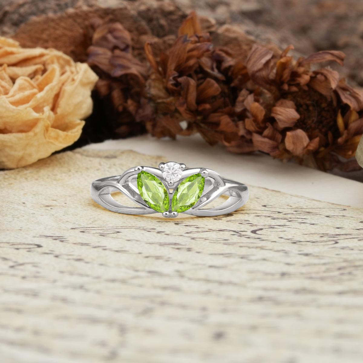 Unique, Luxurious Crown-Style 2-Prong Marquise Cut Peridot Three Stones Wedding Ring - Additional view