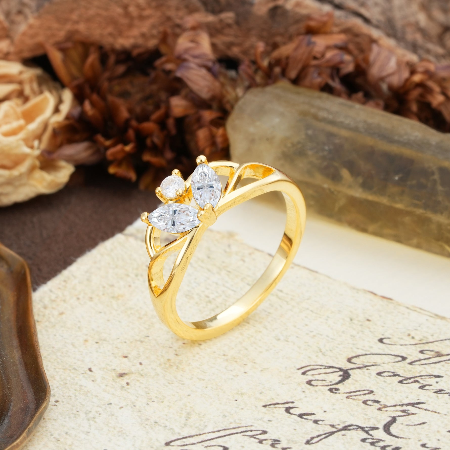 Unique, Luxurious Crown-Style 2-Prong Marquise Cut Moissanite Three Stones Wedding Ring - Additional view