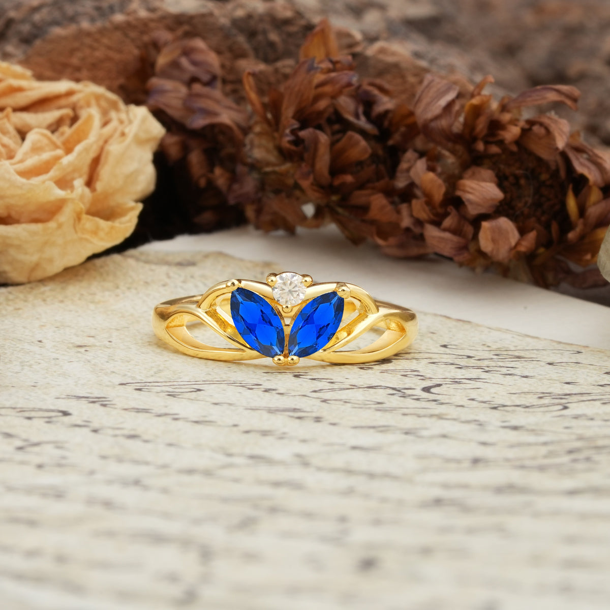 Unique, Luxurious Crown-Style 2-Prong Marquise Cut Sapphire Three Stones Wedding Ring - Additional view