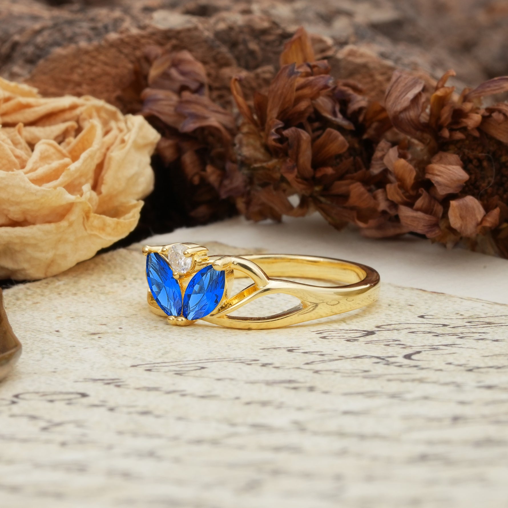Unique, Luxurious Crown-Style 2-Prong Marquise Cut Sapphire Three Stones Wedding Ring - Additional view