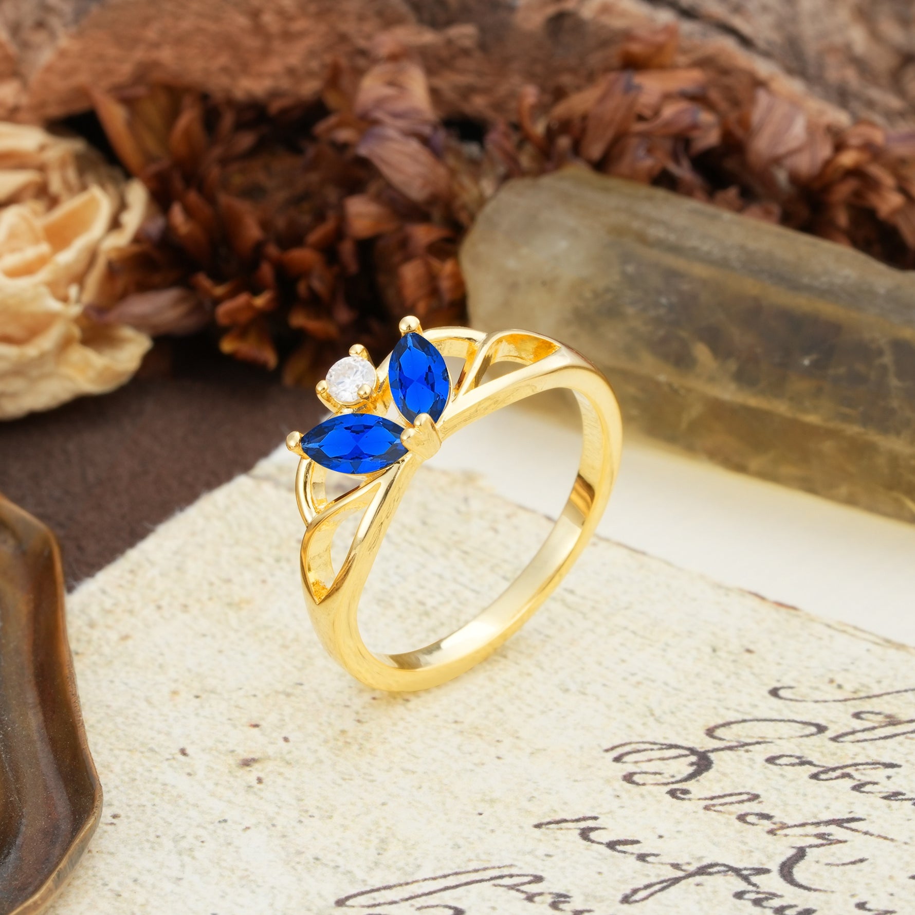 Unique, Luxurious Crown-Style 2-Prong Marquise Cut Sapphire Three Stones Wedding Ring - Additional view