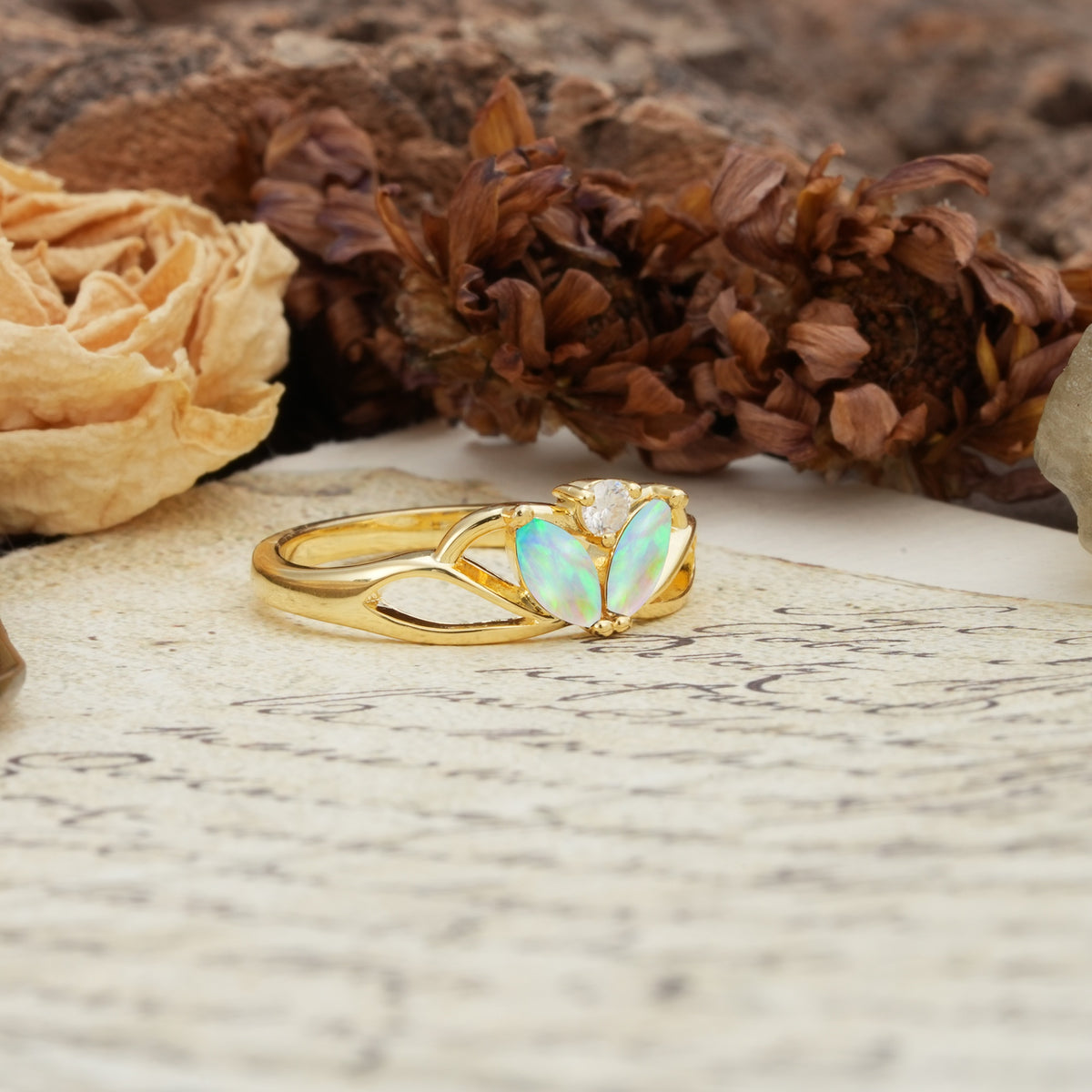 Unique, Luxurious Crown-Style 2-Prong Marquise Cut Fire Opal Three Stones Wedding Ring - Additional view