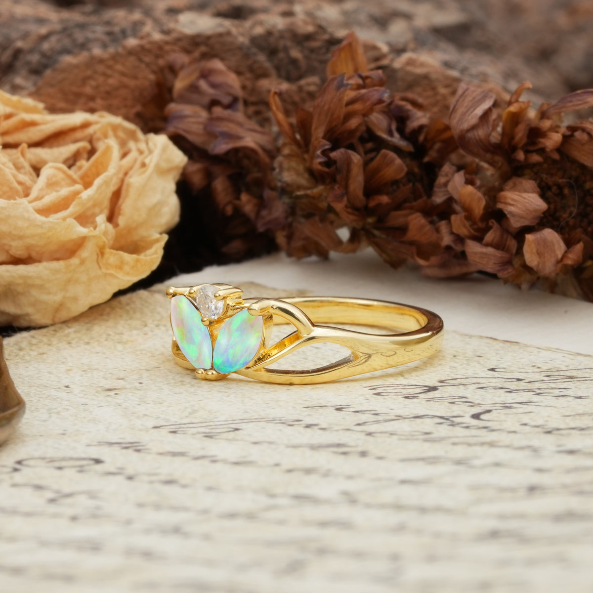 Unique, Luxurious Crown-Style 2-Prong Marquise Cut Fire Opal Three Stones Wedding Ring - Additional view