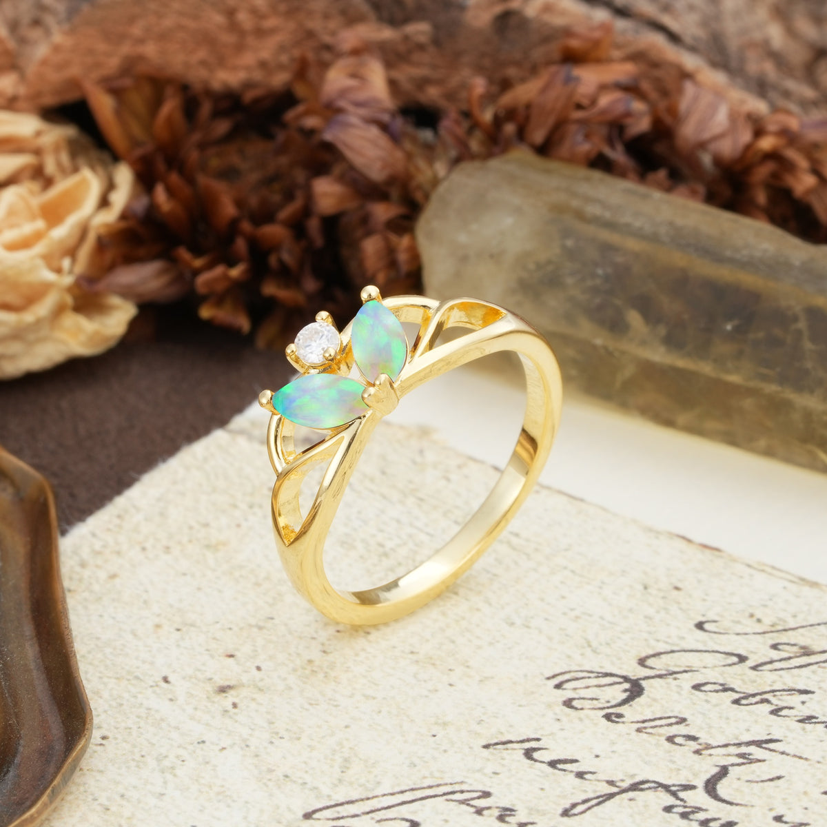 Unique, Luxurious Crown-Style 2-Prong Marquise Cut Fire Opal Three Stones Wedding Ring - Additional view