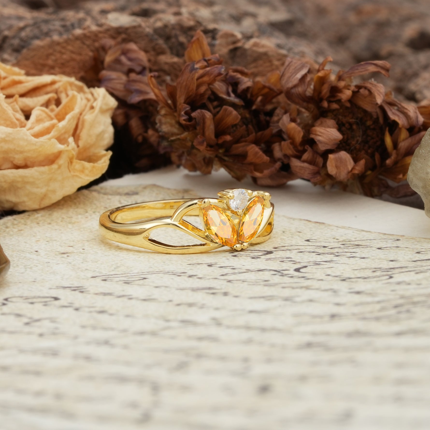 Unique, Luxurious Crown-Style 2-Prong Marquise Cut Citrine Three Stones Wedding Ring - Additional view