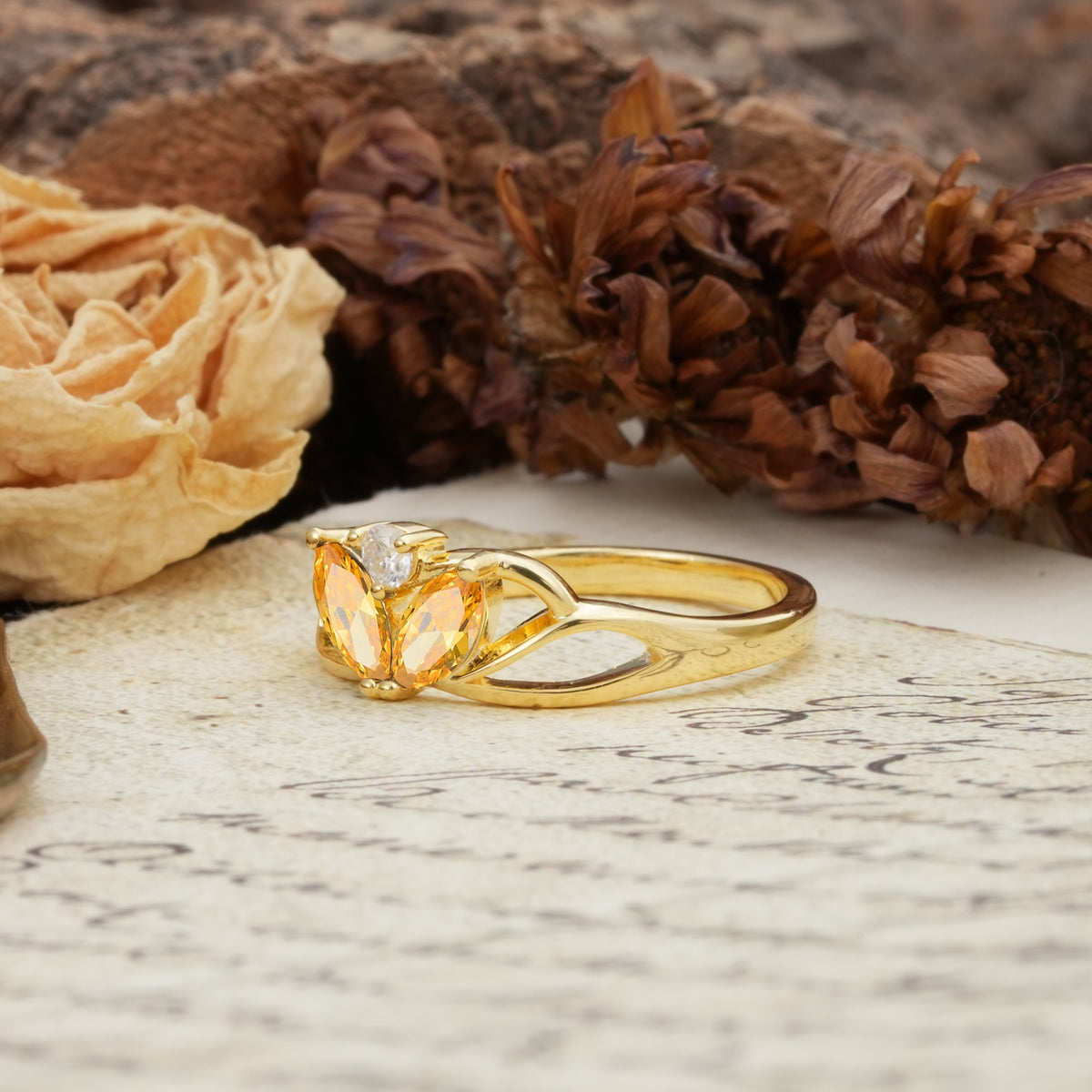 Unique, Luxurious Crown-Style 2-Prong Marquise Cut Citrine Three Stones Wedding Ring - Additional view