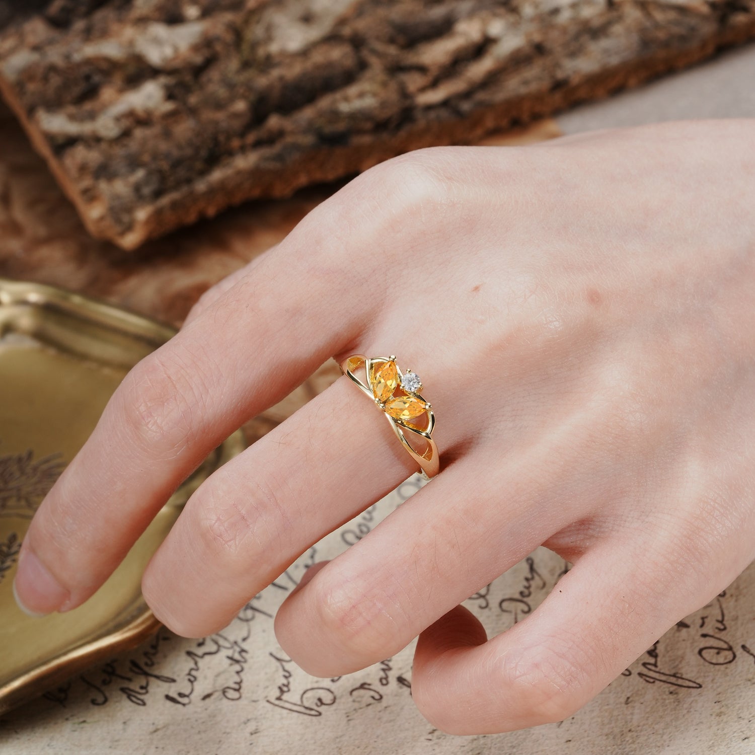 Unique, Luxurious Crown-Style 2-Prong Marquise Cut Citrine Three Stones Wedding Ring - Additional view