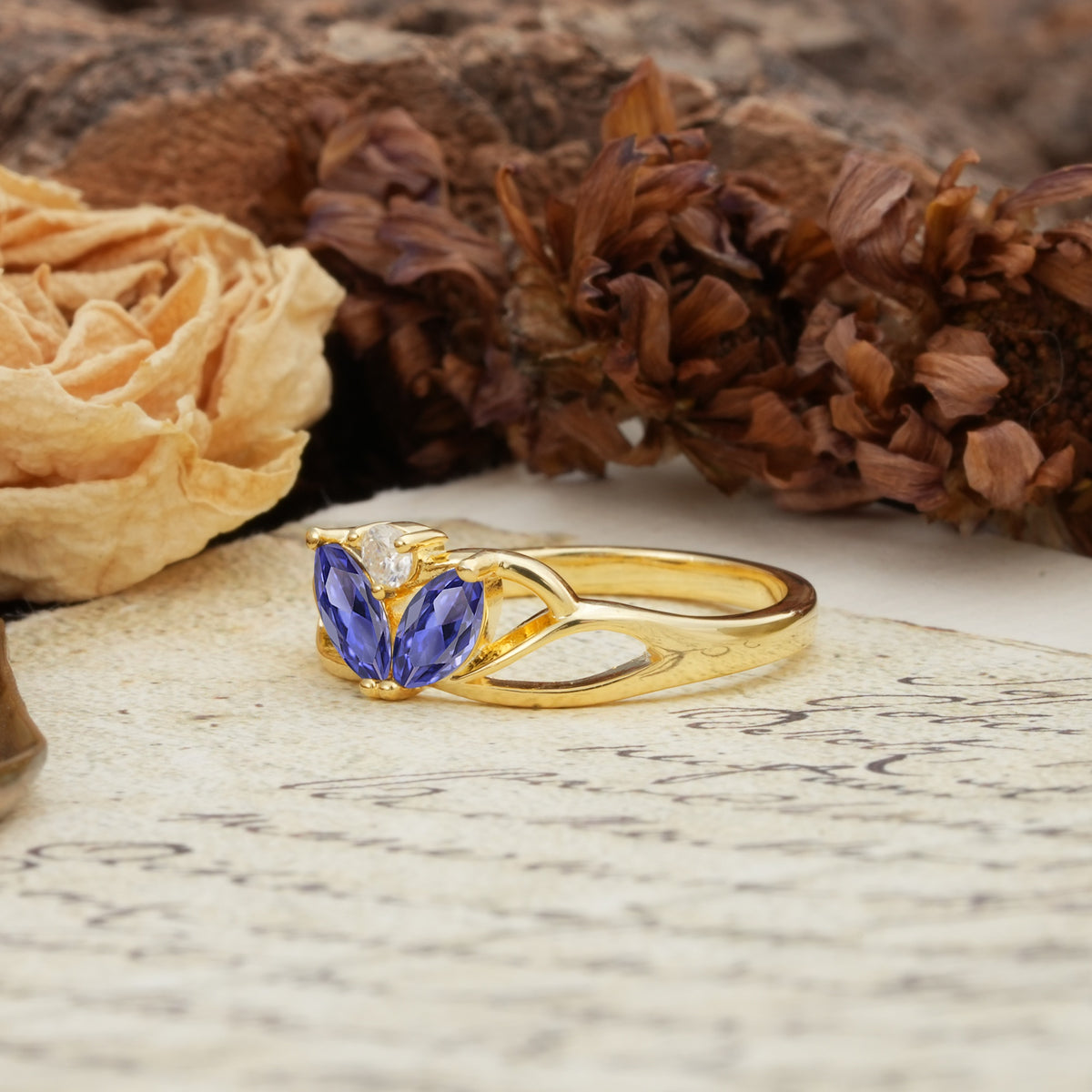 Unique, Luxurious Crown-Style 2-Prong Marquise Cut Tanzanite Three Stones Wedding Ring - Additional view