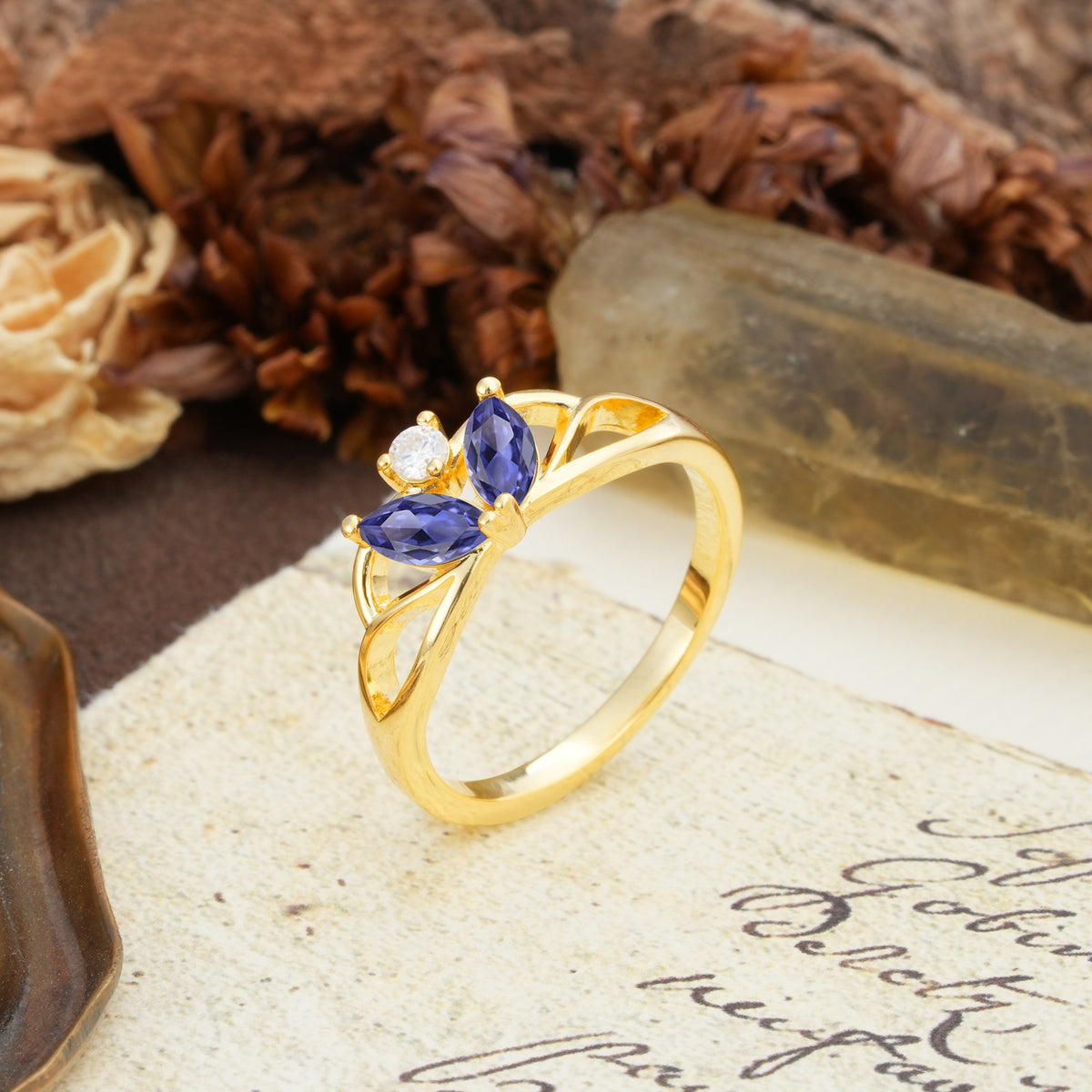 Unique, Luxurious Crown-Style 2-Prong Marquise Cut Tanzanite Three Stones Wedding Ring - Additional view