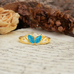 Unique, Luxurious Crown-Style 2-Prong Marquise Cut Turquoise Three Stones Wedding Ring - Additional view