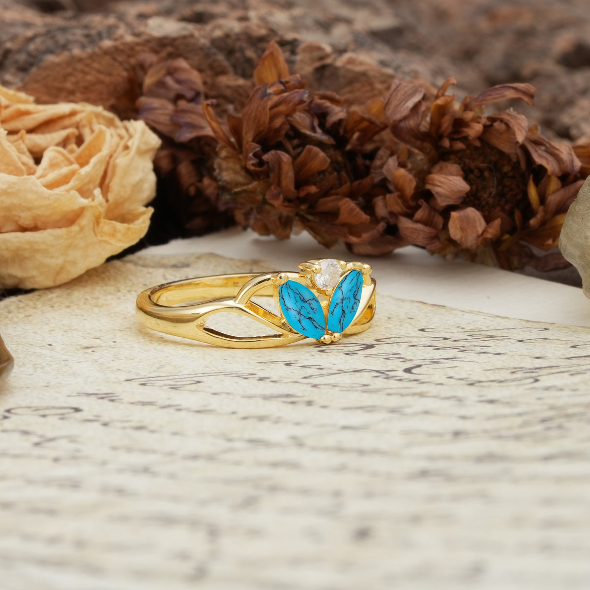 Unique, Luxurious Crown-Style 2-Prong Marquise Cut Turquoise Three Stones Wedding Ring - Additional view