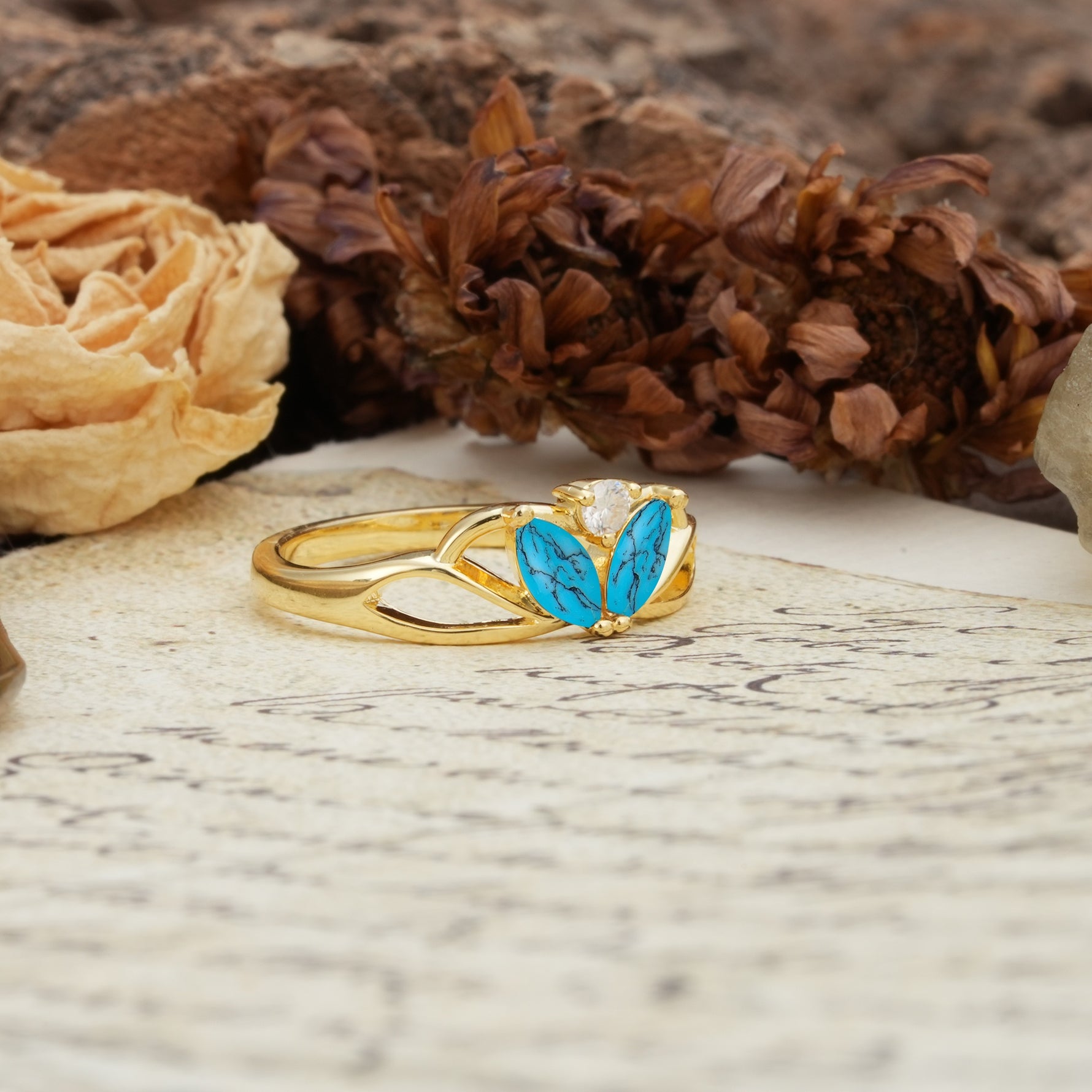 Unique, Luxurious Crown-Style 2-Prong Marquise Cut Turquoise Three Stones Wedding Ring - Additional view
