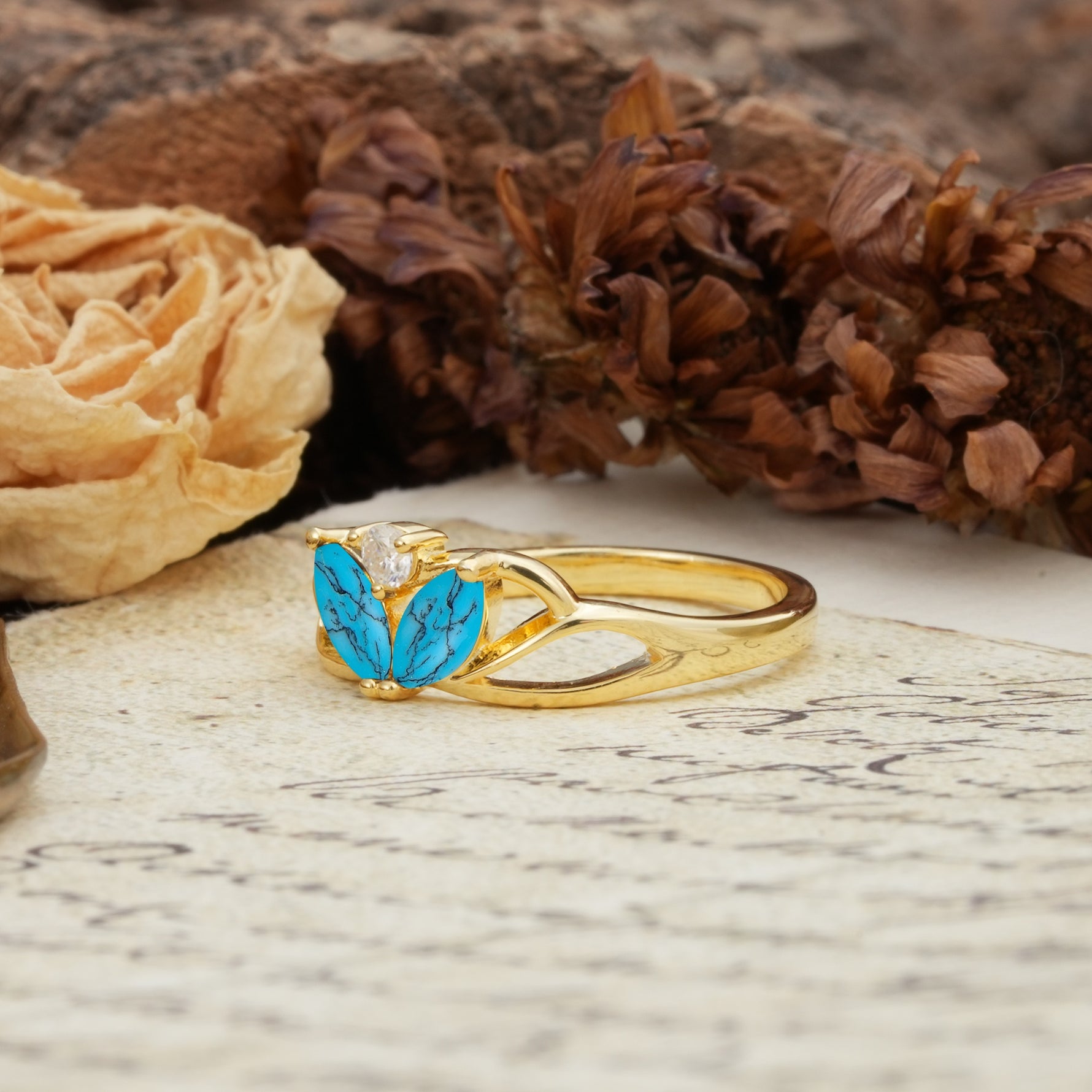Unique, Luxurious Crown-Style 2-Prong Marquise Cut Turquoise Three Stones Wedding Ring - Additional view