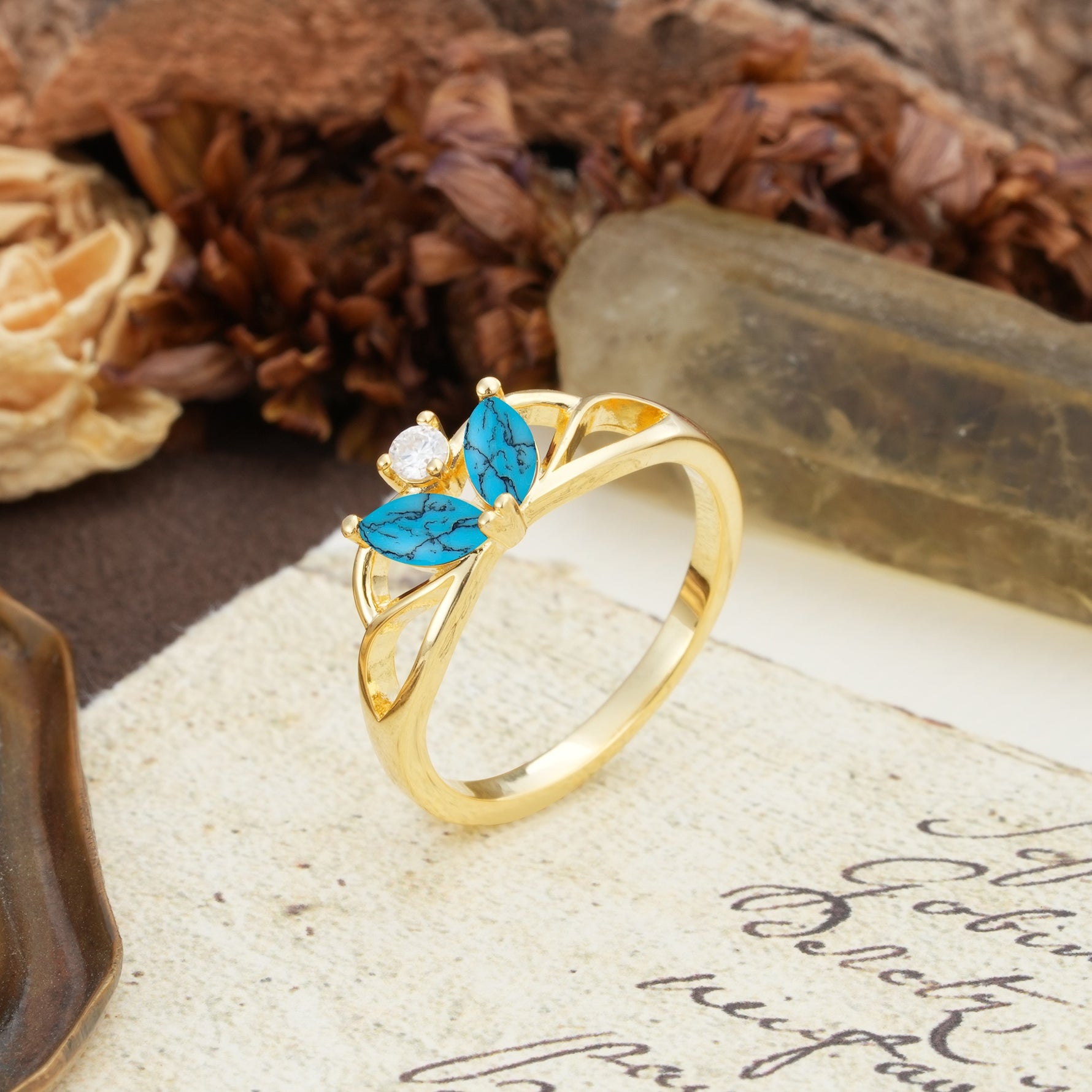 Unique, Luxurious Crown-Style 2-Prong Marquise Cut Turquoise Three Stones Wedding Ring - Additional view