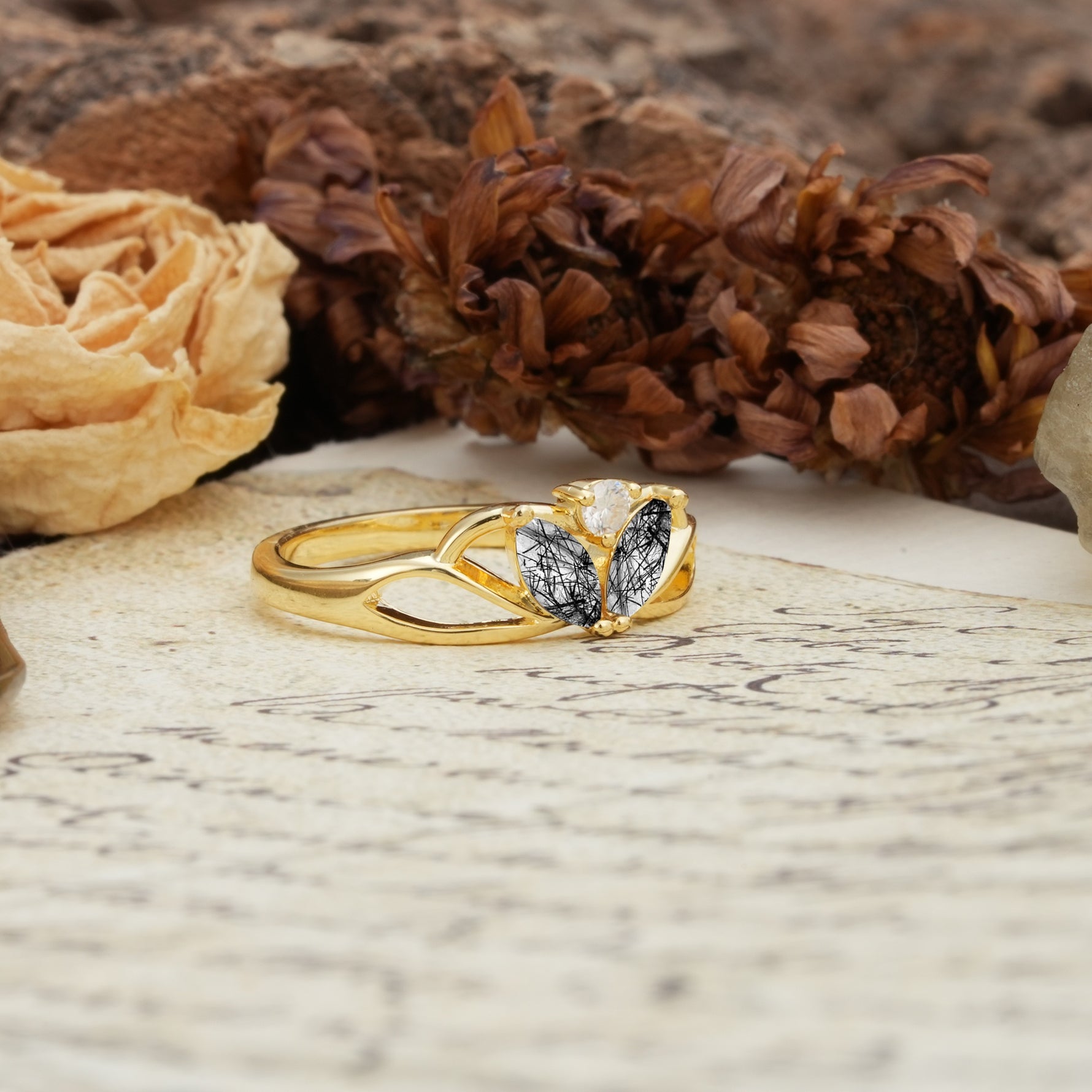 Unique, Luxurious Crown-Style 2-Prong Marquise Cut Black Rutilated Quartz Three Stones Wedding Ring - Additional view