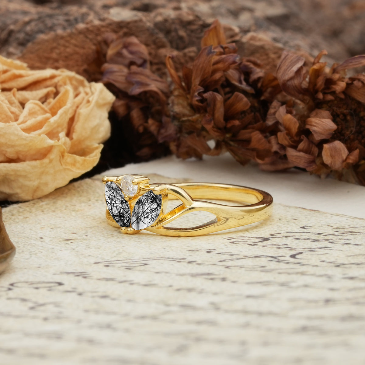 Unique, Luxurious Crown-Style 2-Prong Marquise Cut Black Rutilated Quartz Three Stones Wedding Ring - Additional view