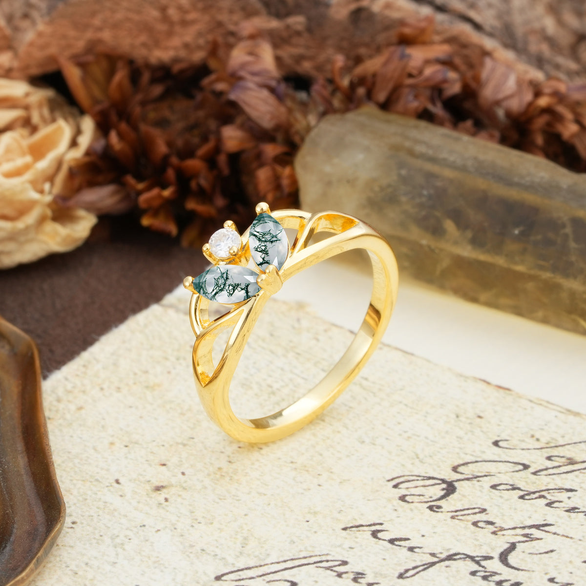 Unique, Luxurious Crown-Style 2-Prong Marquise Cut Moss Agate Three Stones Wedding Ring - Additional view