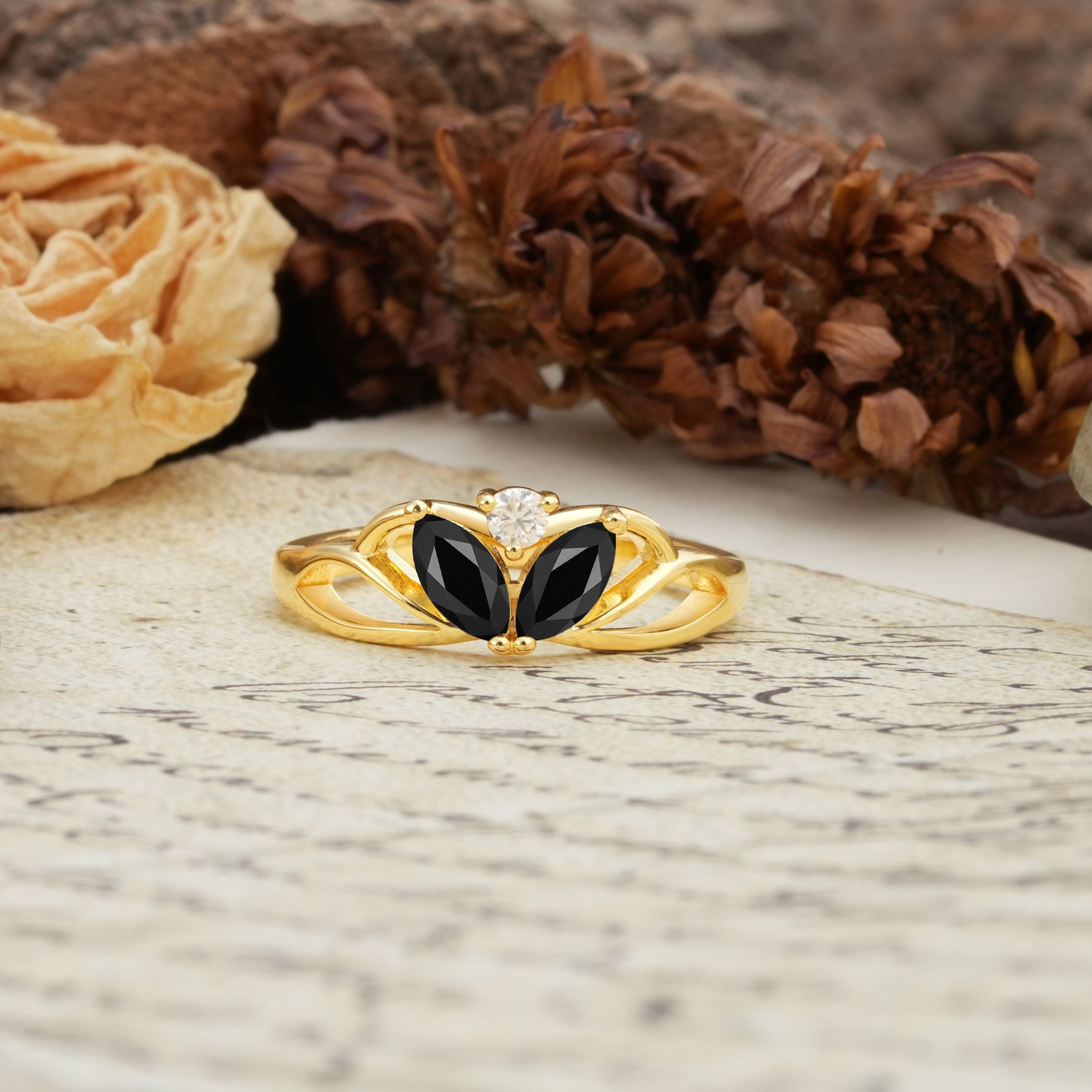 Unique, Luxurious Crown-Style 2-Prong Marquise Cut Black Onyx Three Stones Wedding Ring - Additional view