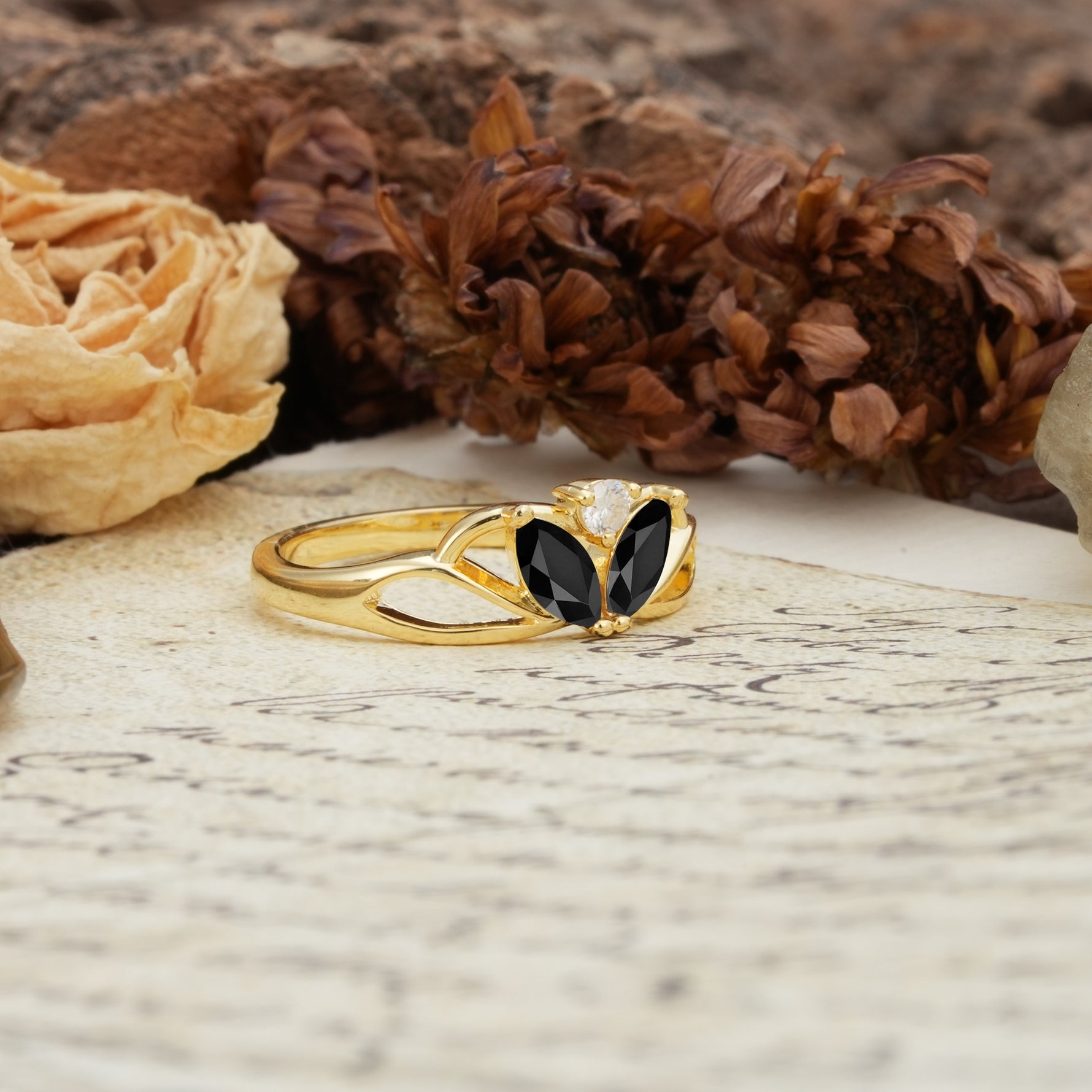 Unique, Luxurious Crown-Style 2-Prong Marquise Cut Black Onyx Three Stones Wedding Ring - Additional view