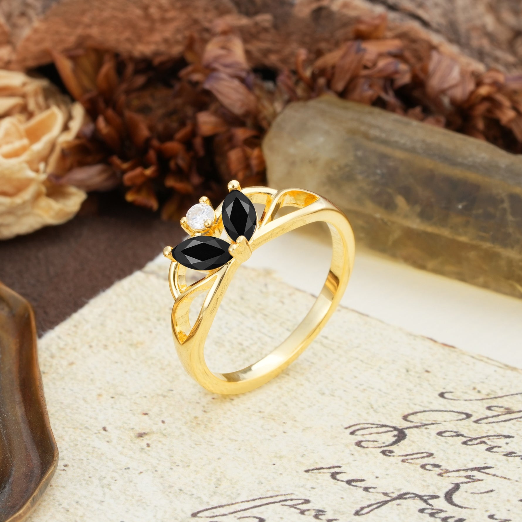 Unique, Luxurious Crown-Style 2-Prong Marquise Cut Black Onyx Three Stones Wedding Ring - Additional view