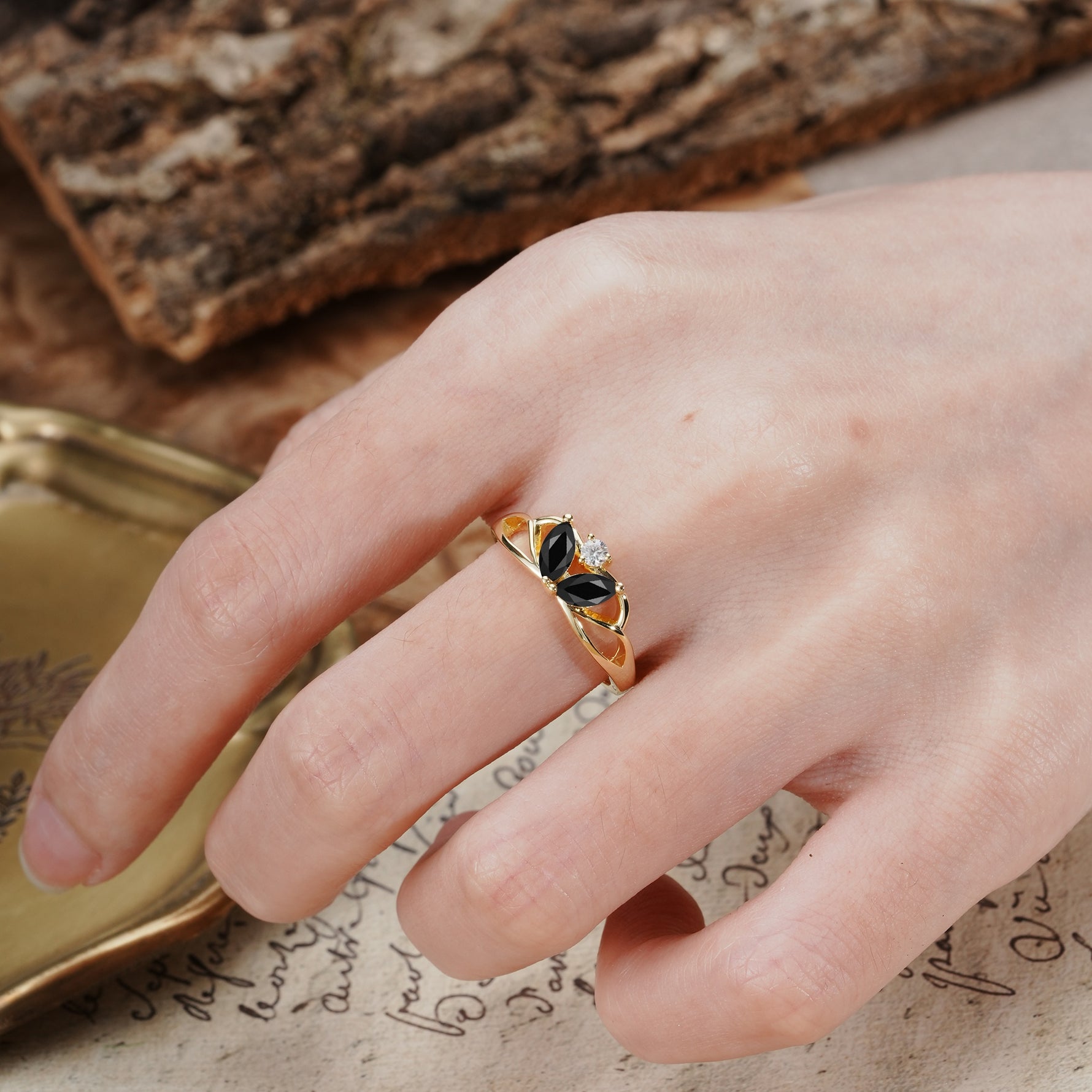 Unique, Luxurious Crown-Style 2-Prong Marquise Cut Black Onyx Three Stones Wedding Ring - Additional view