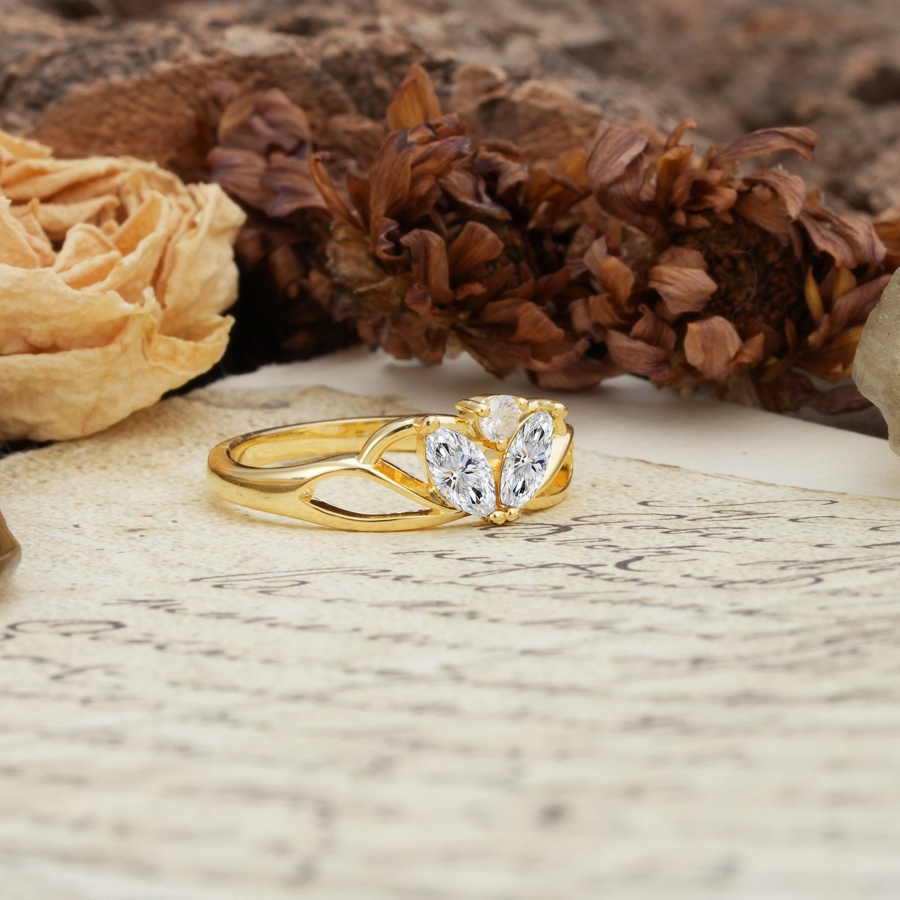 Unique, Luxurious Crown-Style 2-Prong Marquise Cut Lab Diamond Three Stones Wedding Ring - Additional view