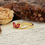 Unique, Luxurious Crown-Style 2-Prong Marquise Cut Garnet Three Stones Wedding Ring - Additional view