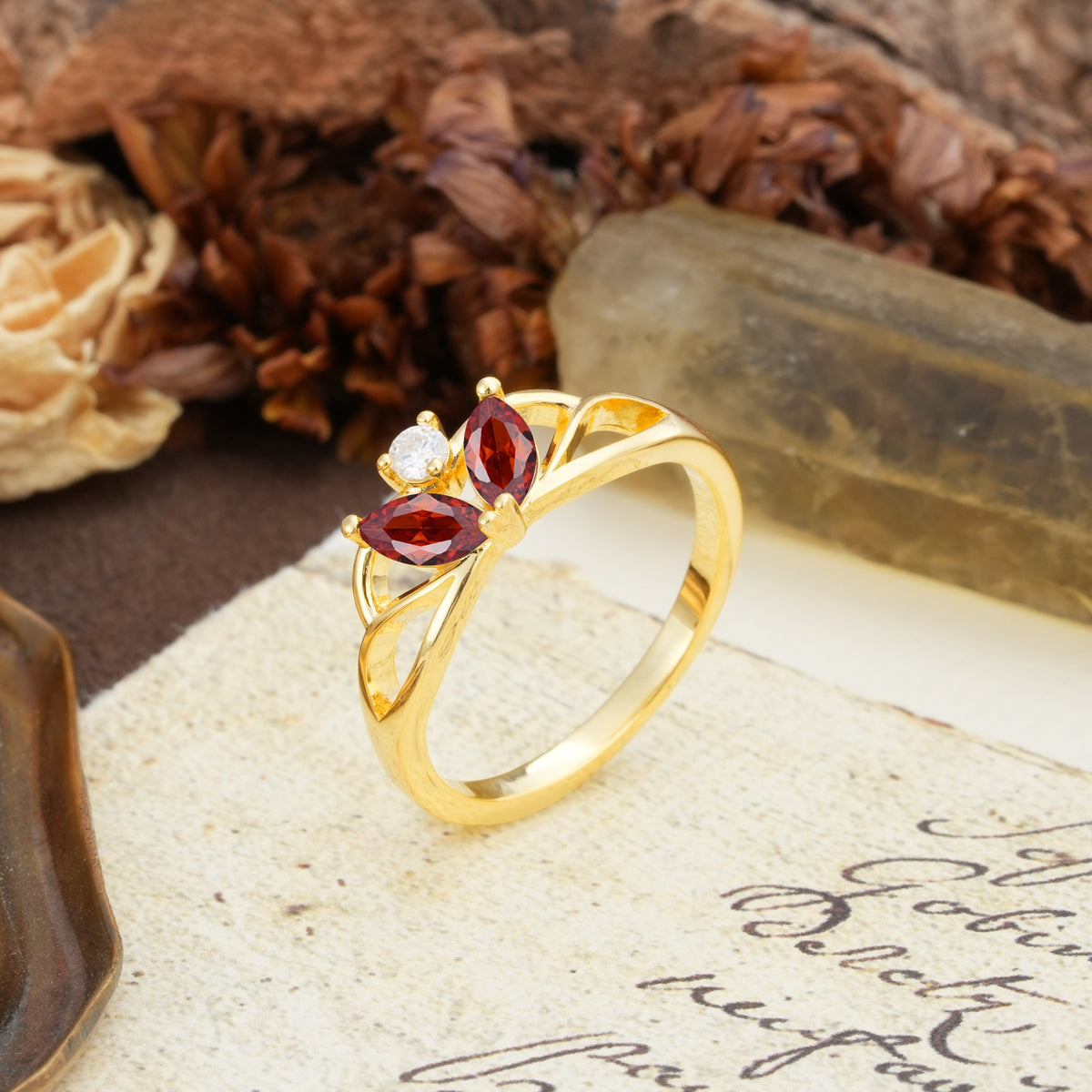 Unique, Luxurious Crown-Style 2-Prong Marquise Cut Garnet Three Stones Wedding Ring - Additional view