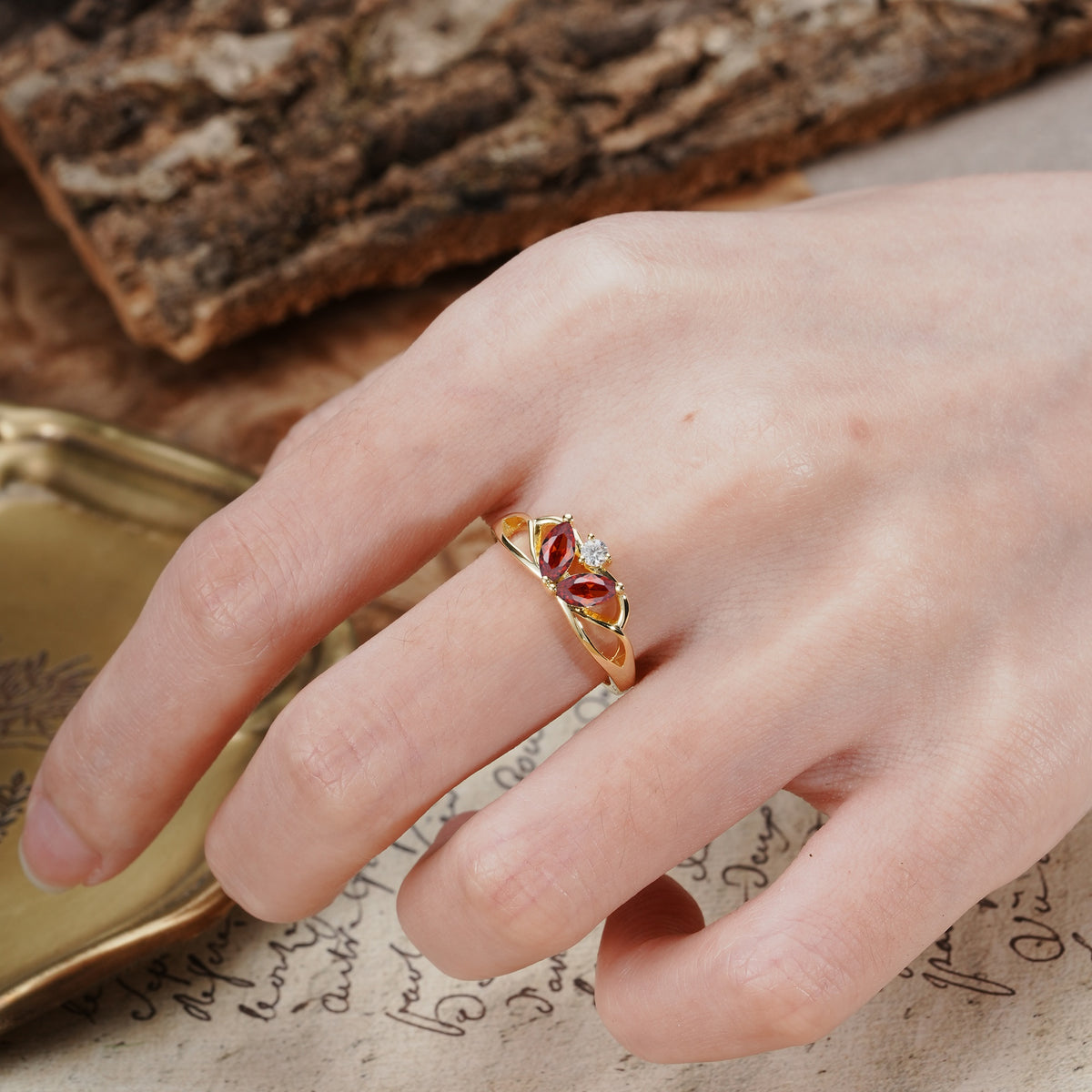 Unique, Luxurious Crown-Style 2-Prong Marquise Cut Garnet Three Stones Wedding Ring - Additional view
