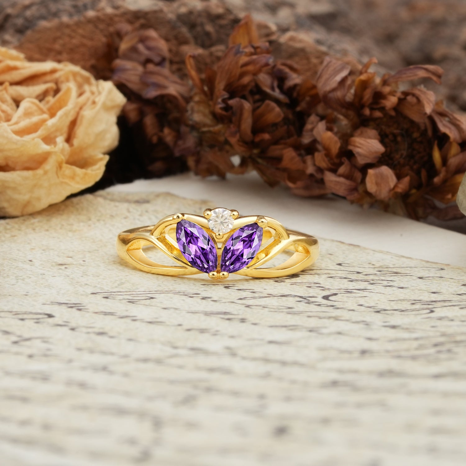 Unique, Luxurious Crown-Style 2-Prong Marquise Cut Amethyst Three Stones Wedding Ring - Additional view