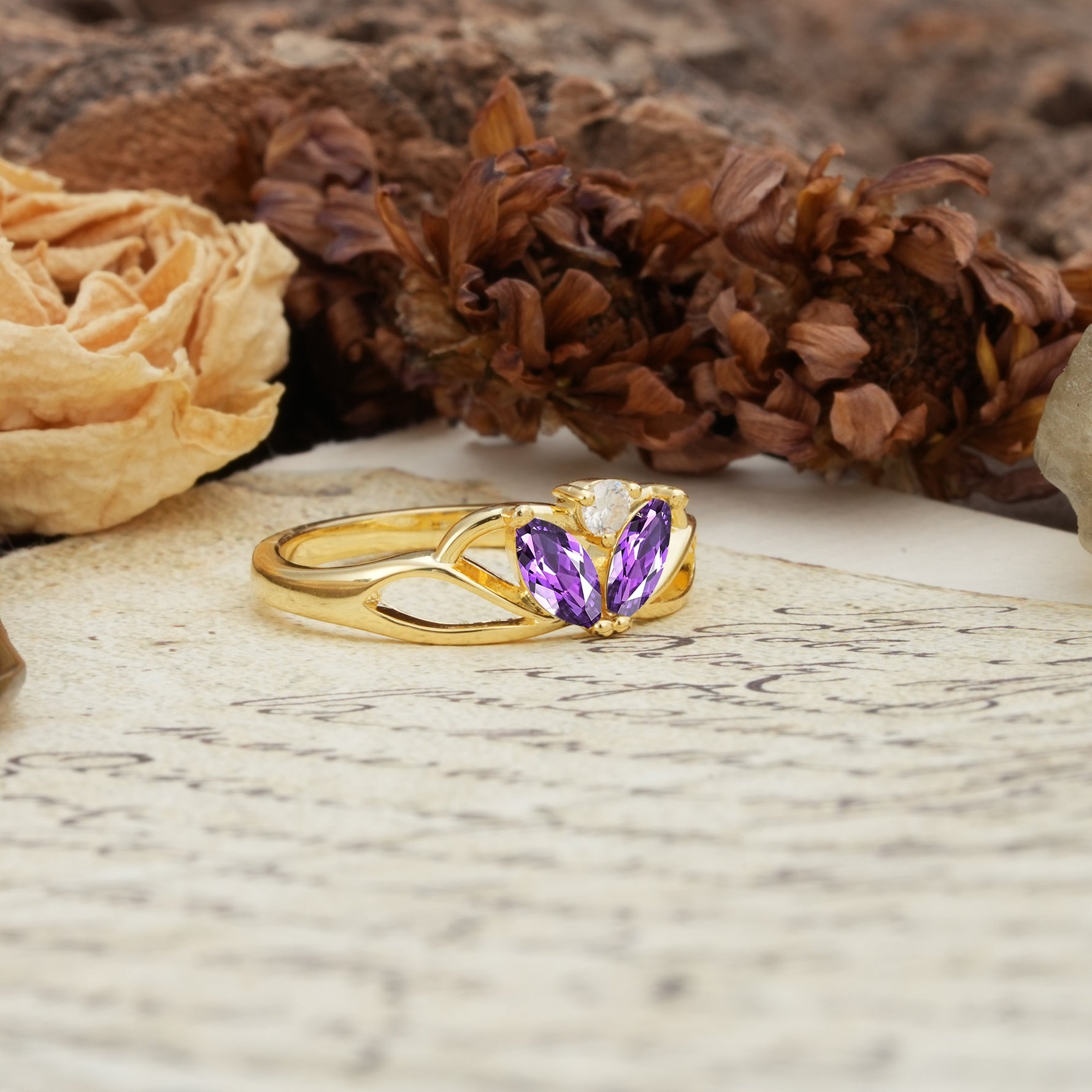 Unique, Luxurious Crown-Style 2-Prong Marquise Cut Amethyst Three Stones Wedding Ring - Additional view