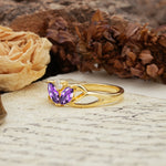 Unique, Luxurious Crown-Style 2-Prong Marquise Cut Amethyst Three Stones Wedding Ring - Additional view