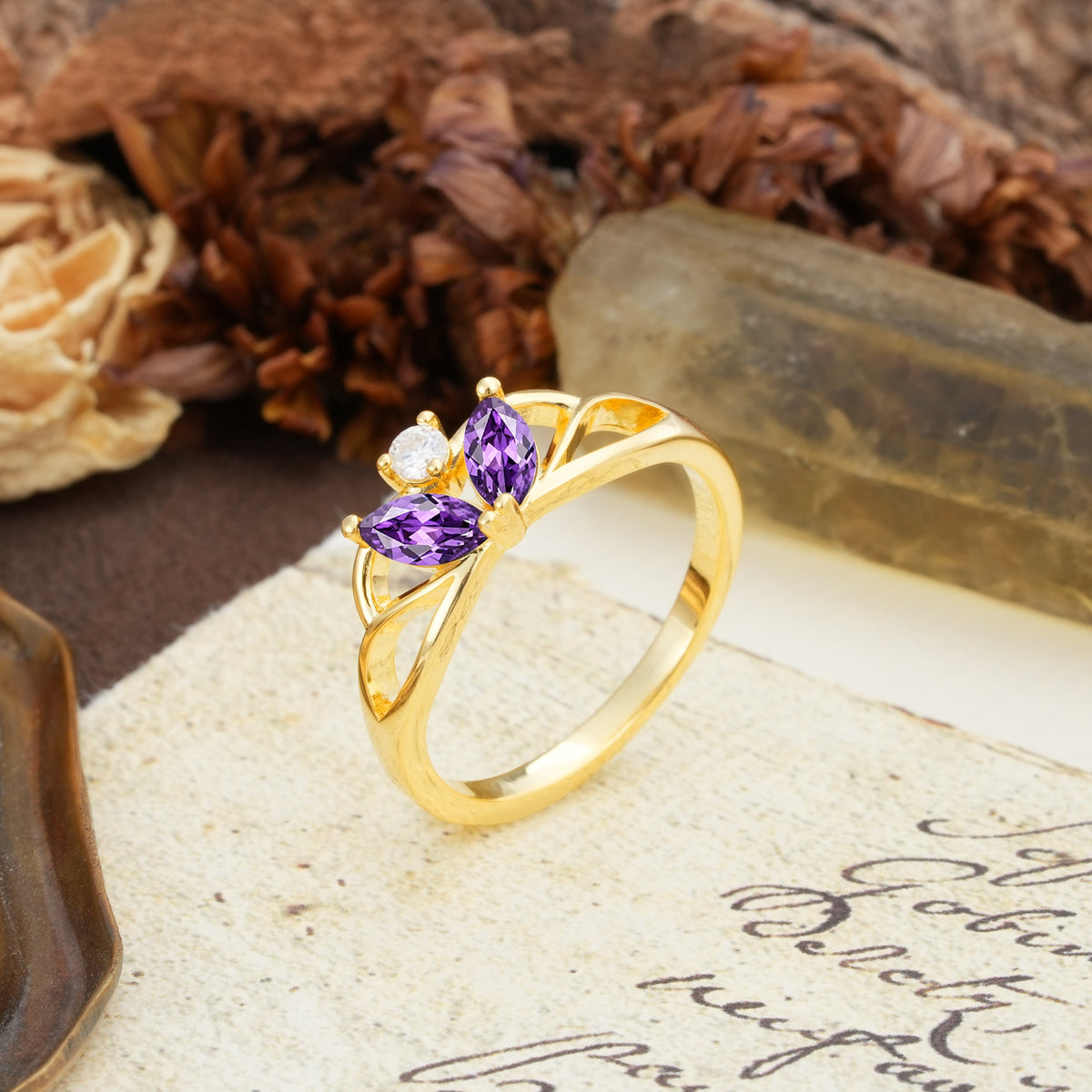 Unique, Luxurious Crown-Style 2-Prong Marquise Cut Amethyst Three Stones Wedding Ring - Additional view