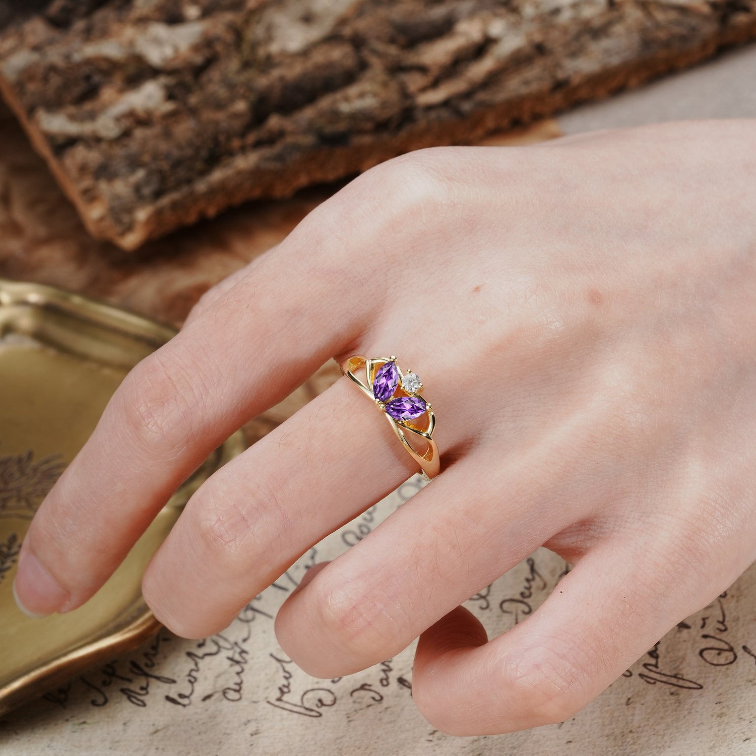 Unique, Luxurious Crown-Style 2-Prong Marquise Cut Amethyst Three Stones Wedding Ring - Additional view