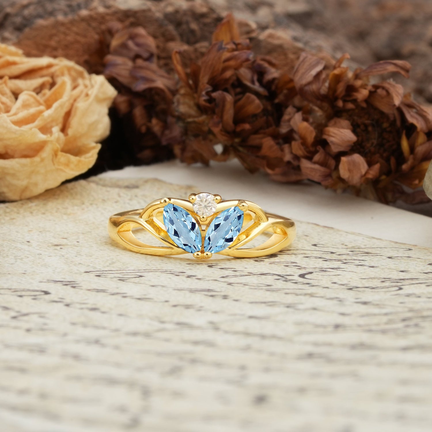 Unique, Luxurious Crown-Style 2-Prong Marquise Cut Aquamarine Three Stones Wedding Ring