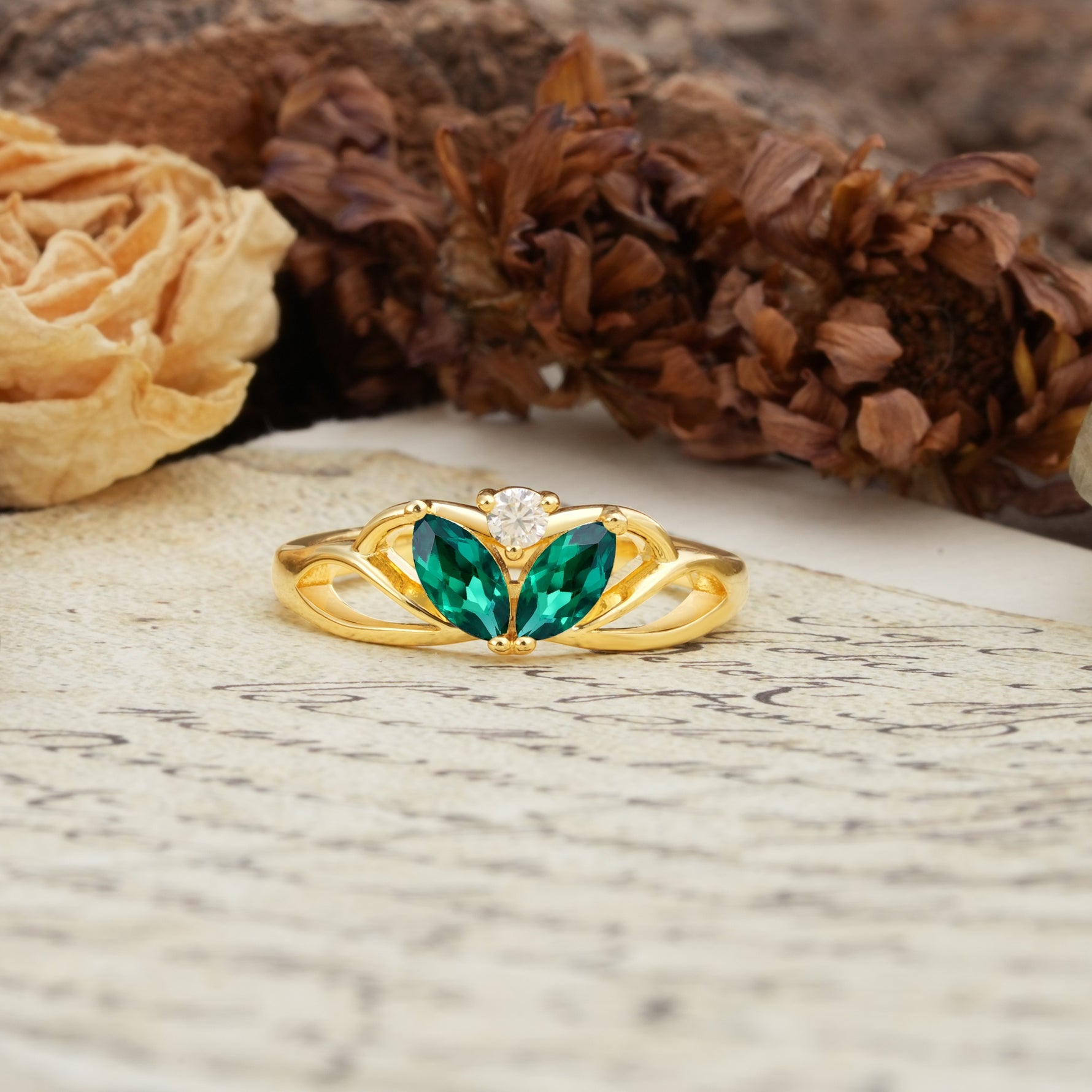 Unique, Luxurious Crown-Style 2-Prong Marquise Cut Emerald Three Stones Wedding Ring - Additional view