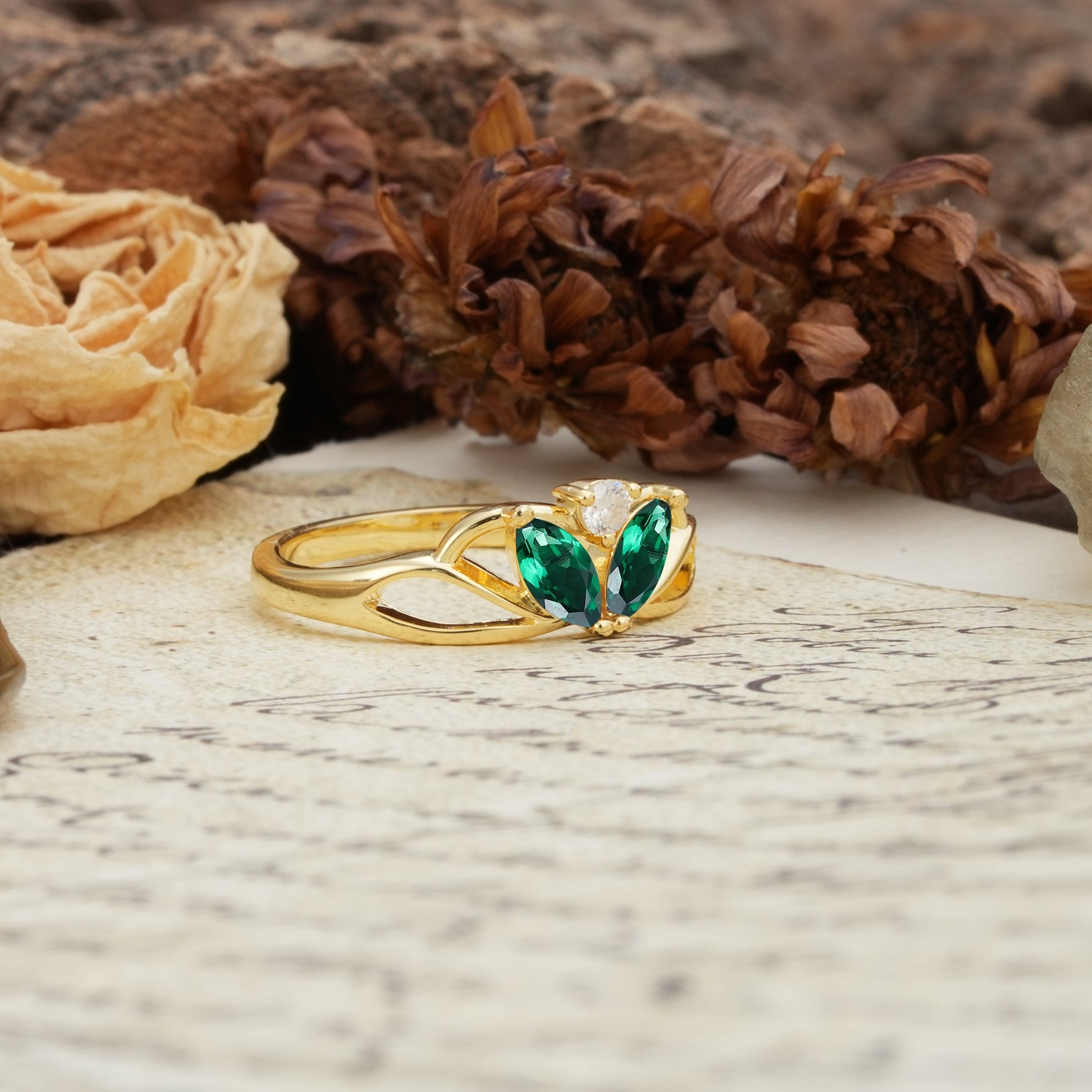 Unique, Luxurious Crown-Style 2-Prong Marquise Cut Emerald Three Stones Wedding Ring - Additional view